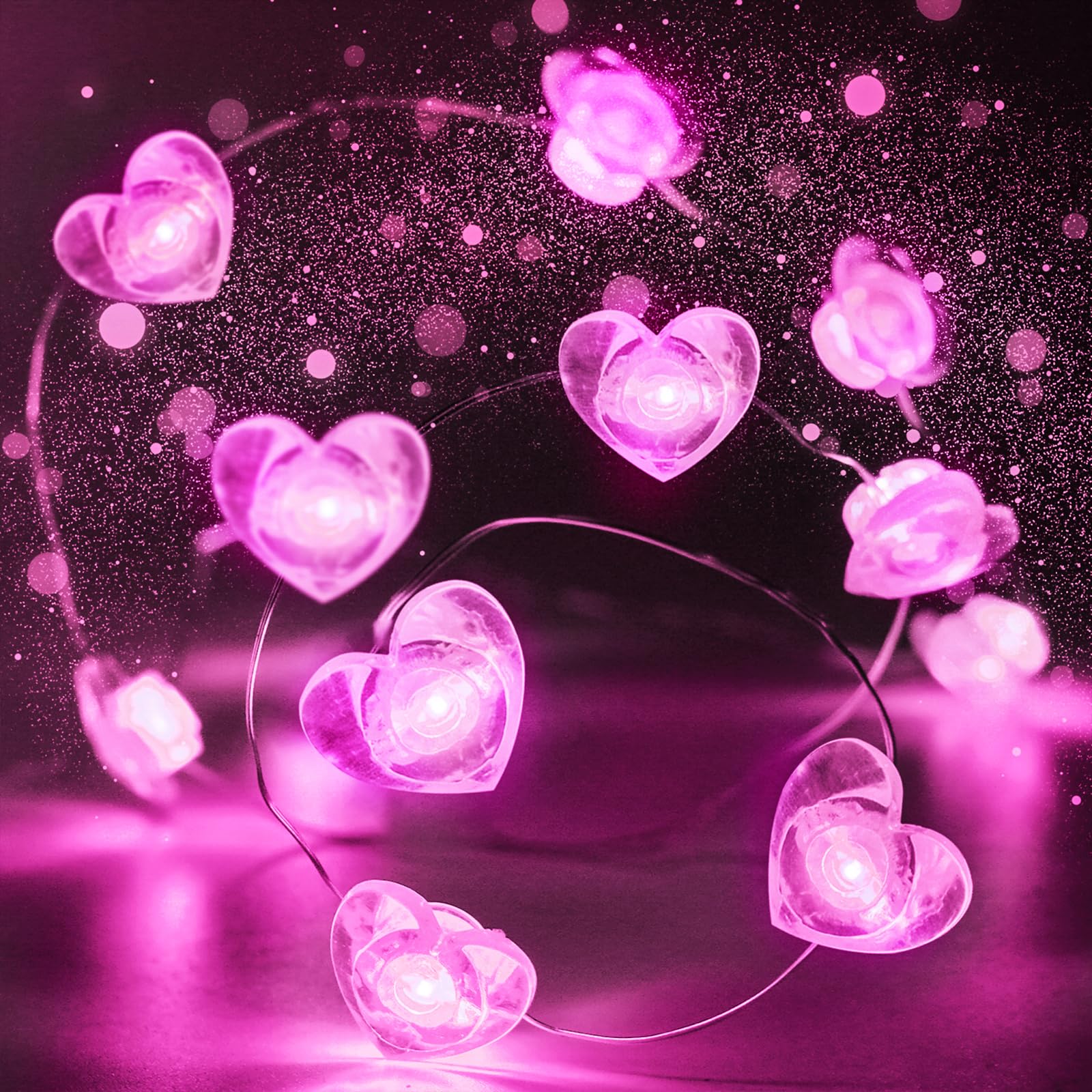 10FT Pink Heart Fairy Lights Battery Operated with Timer for Christmas Decoration, LED String Lights Indoor Outdoor Waterproof T