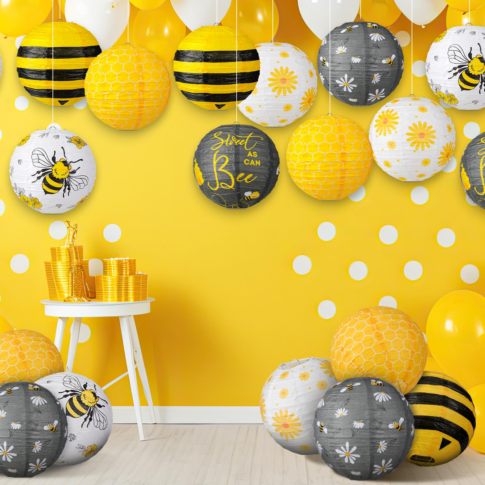 Panelee 12 Pcs Bee Paper Lanterns Party Decorations 8 Inch Hanging Round Hanging Paper Party Decorations For Holiday Indoor Outd