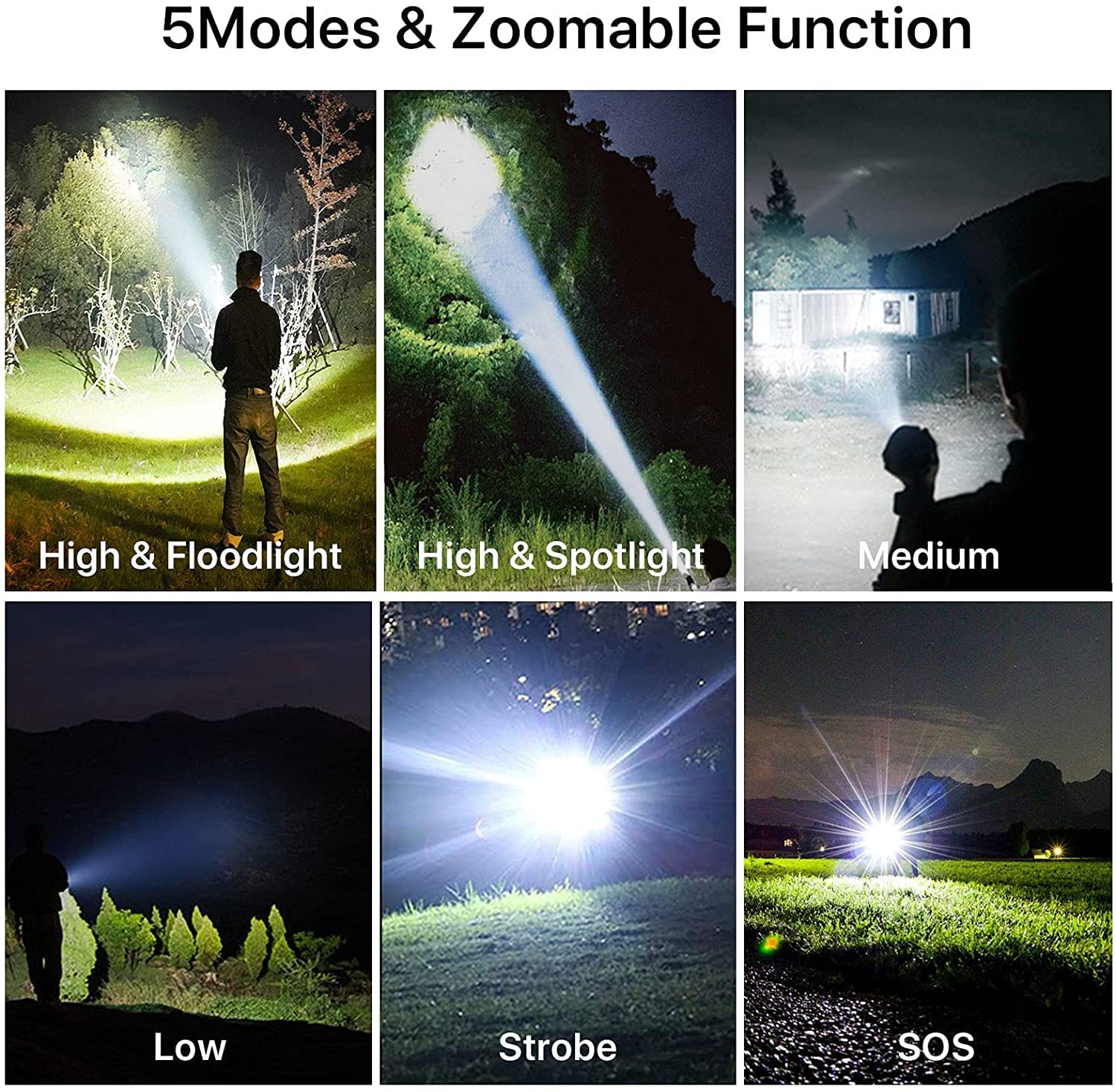 BERCOL P50 Rechargeable LED Flashlight, 100000 Lumens, 5 Modes, Waterproof, Black, Aluminum