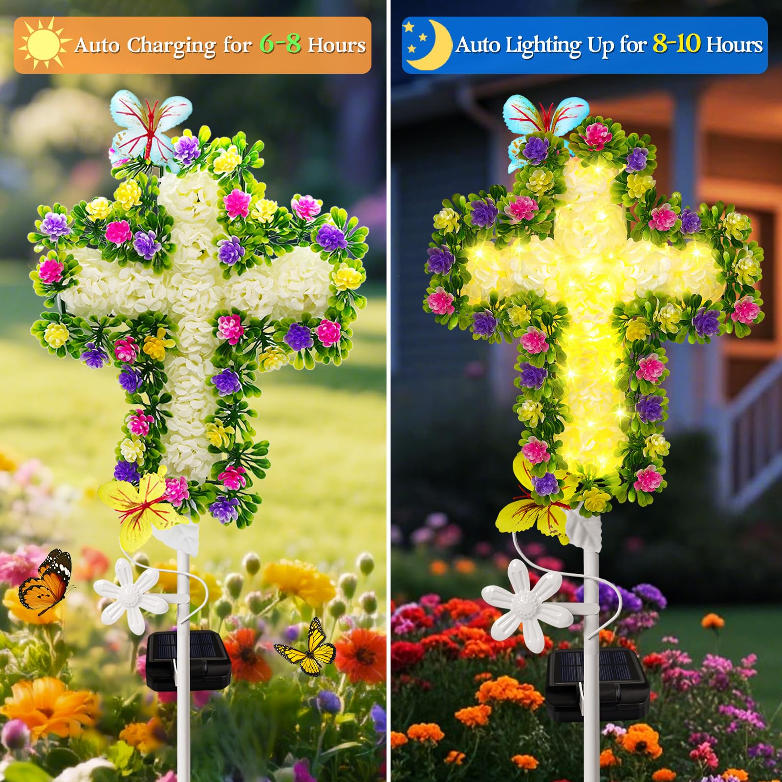 YJFWAL Solar Flower Cross - Cemetery Grave Decoration, Warm White Fabric, Model: White Flower Cross-1