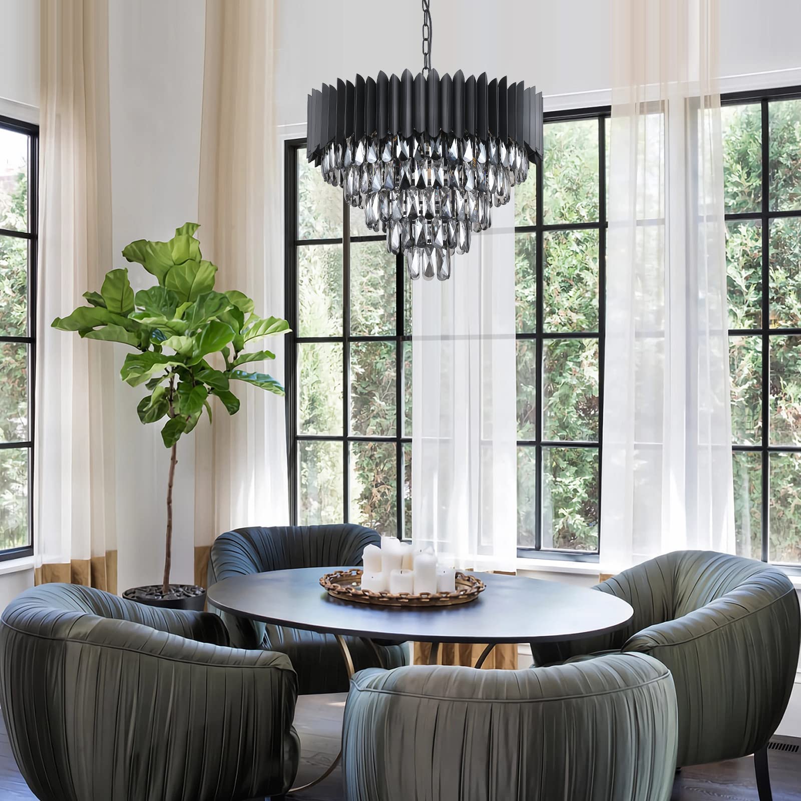 A AXILIXI Black Crystal Chandelier, Contemporary 24in  Flush Mount Pendant Light, 12 Lights, Model DH88511B-600B