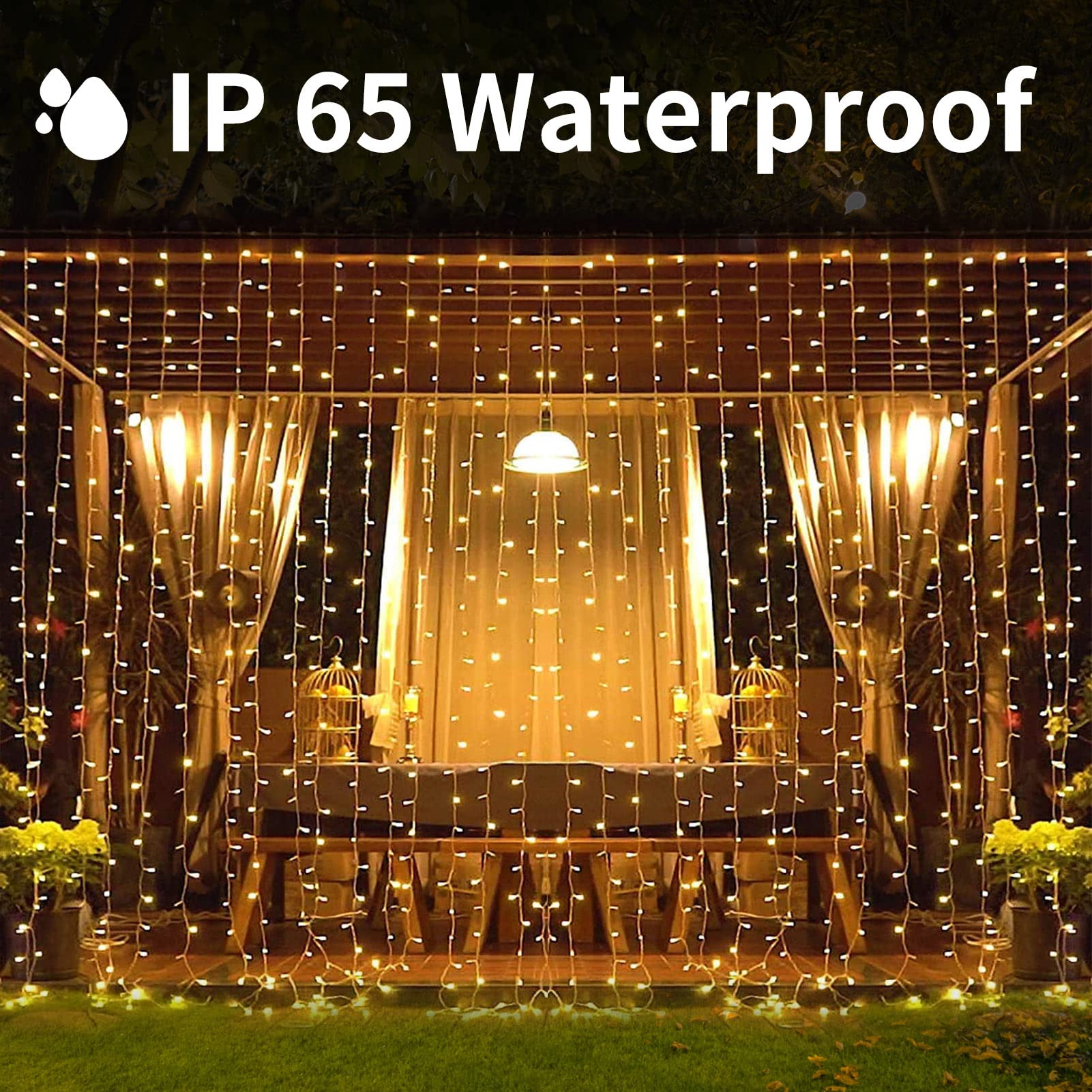 XINXIANLIAN Solar Curtain Lights 300LED Waterproof 8 Modes Warm White for Outdoor Indoor Garden Patio