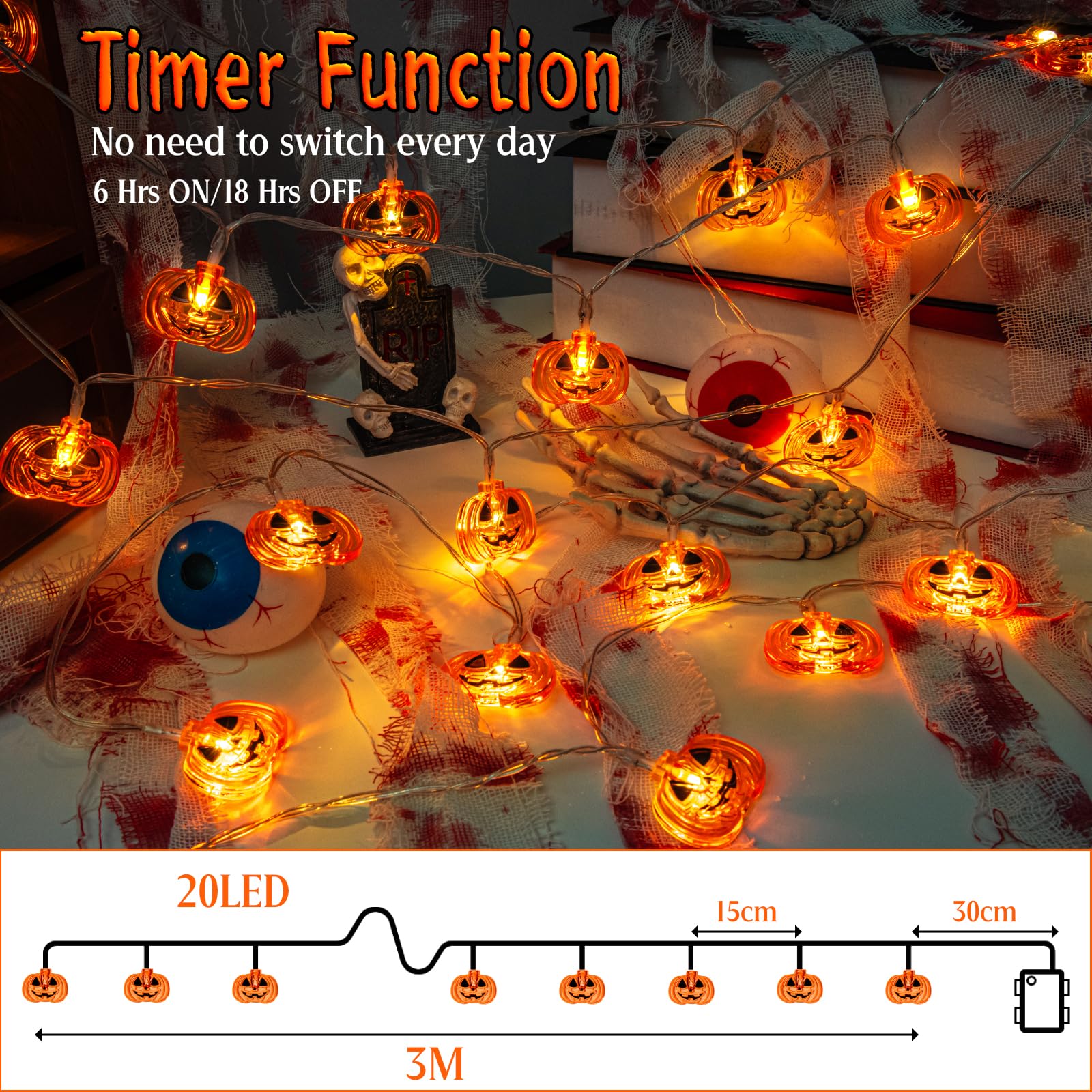 FFZZKJ Halloween Lights 10FT 20LED Battery Operated, 8 Modes, Indoor Outdoor Pumpkin Decor, Orange, Model NG-3M