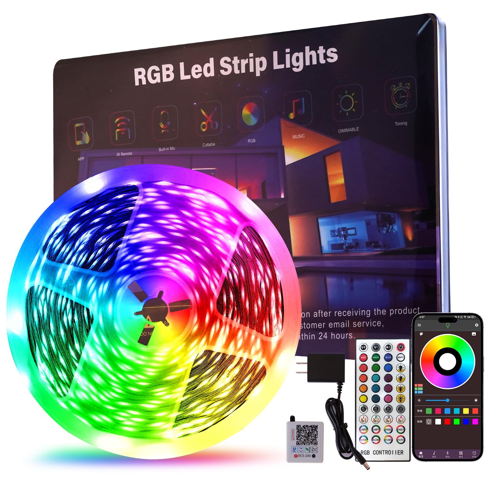 50 FT LED Lights For Bedroom, Music Synchronized RGB Color Changing LED Strip Lights, With 44 Key Infrared Remote Control and Ap