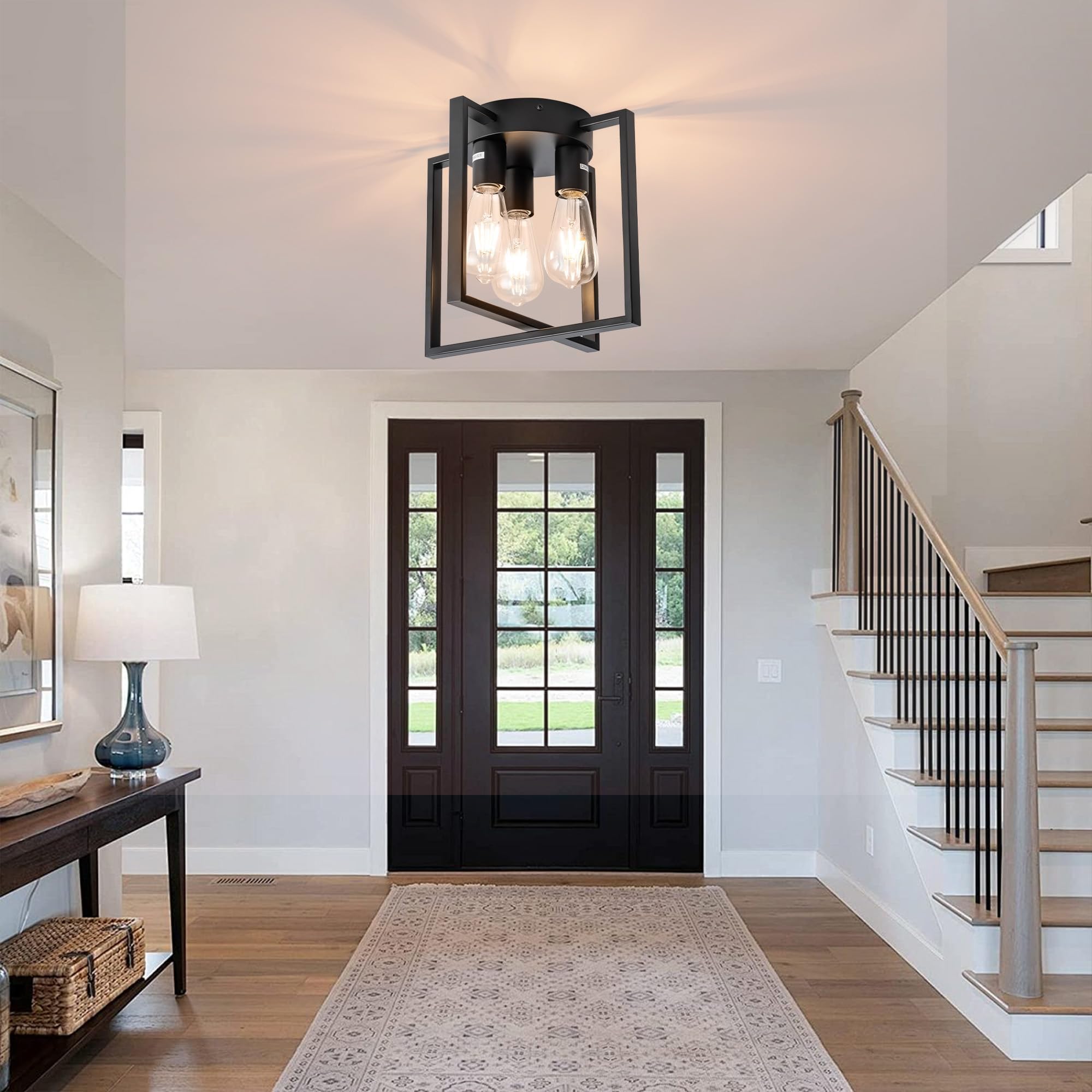 Leip 3-Light Ceiling Light Fixture, Semi-Flush Mount Light With Contemporary Geometric Metal Cage, Farmhouse Industrial Lighting