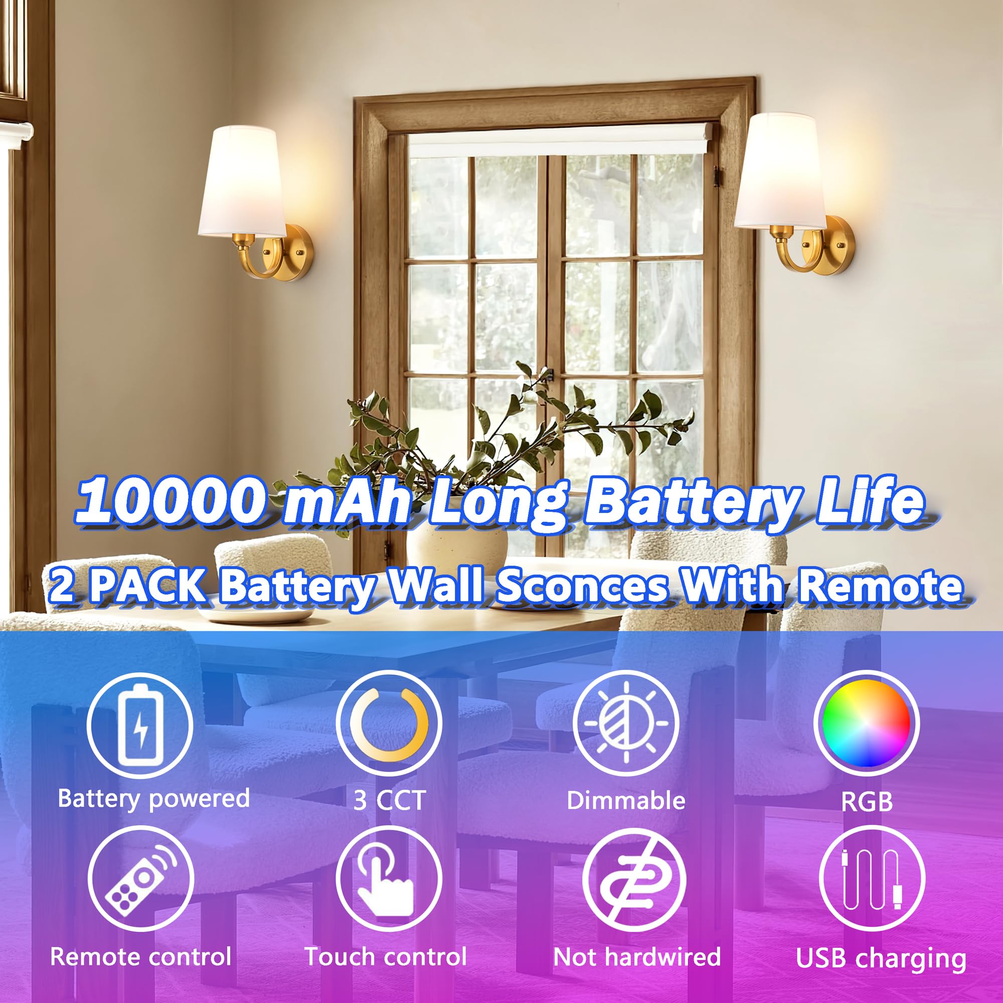 Slywise Battery Operated Rechargeable Wall Sconce, 7 Color Rgb, Usb Charging, Brass Finish