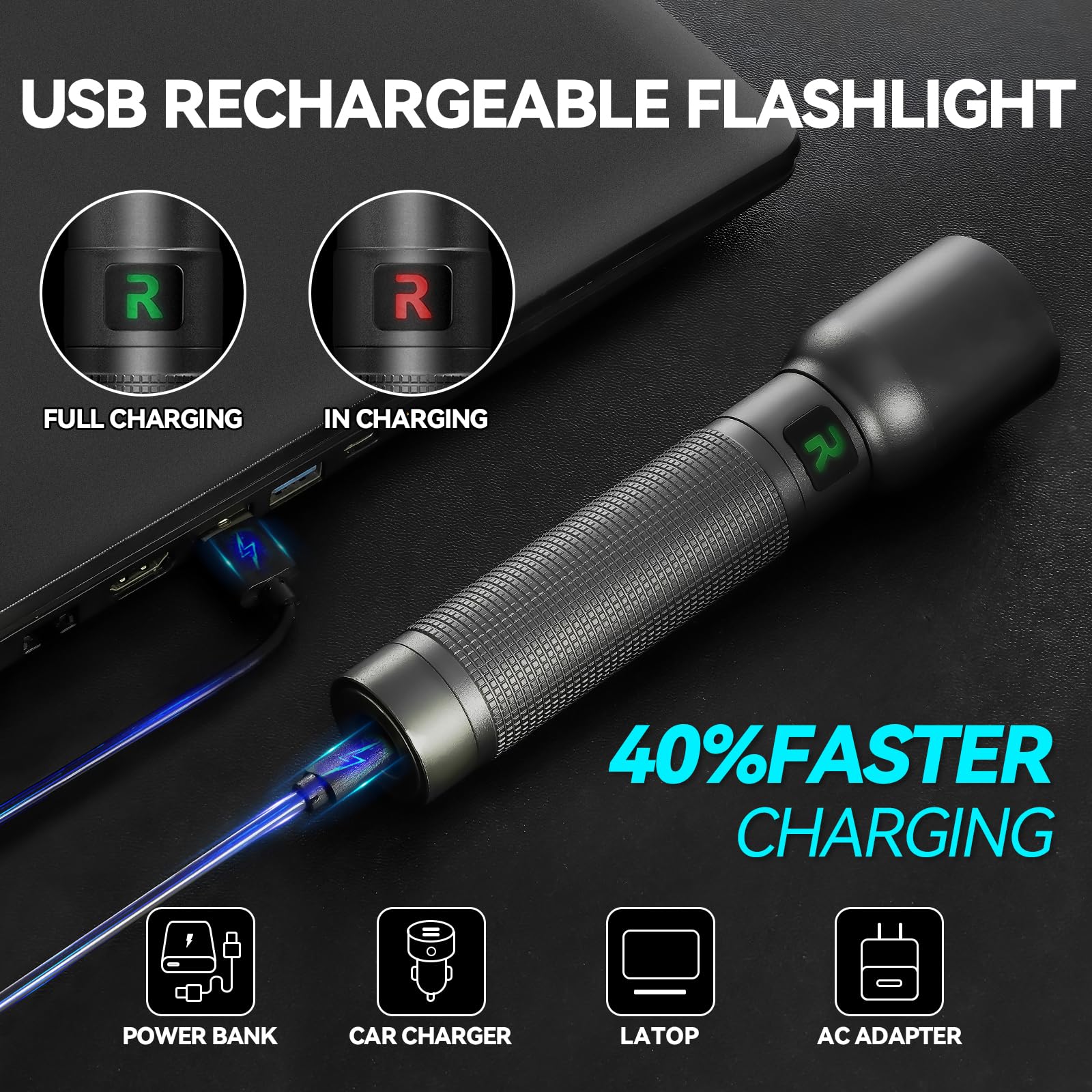 TECBOTT Rechargeable Flashlight 10000 Lumen LED Tactical 3 Modes Zoomable Standard Magnetic-Black Model TC-1118A