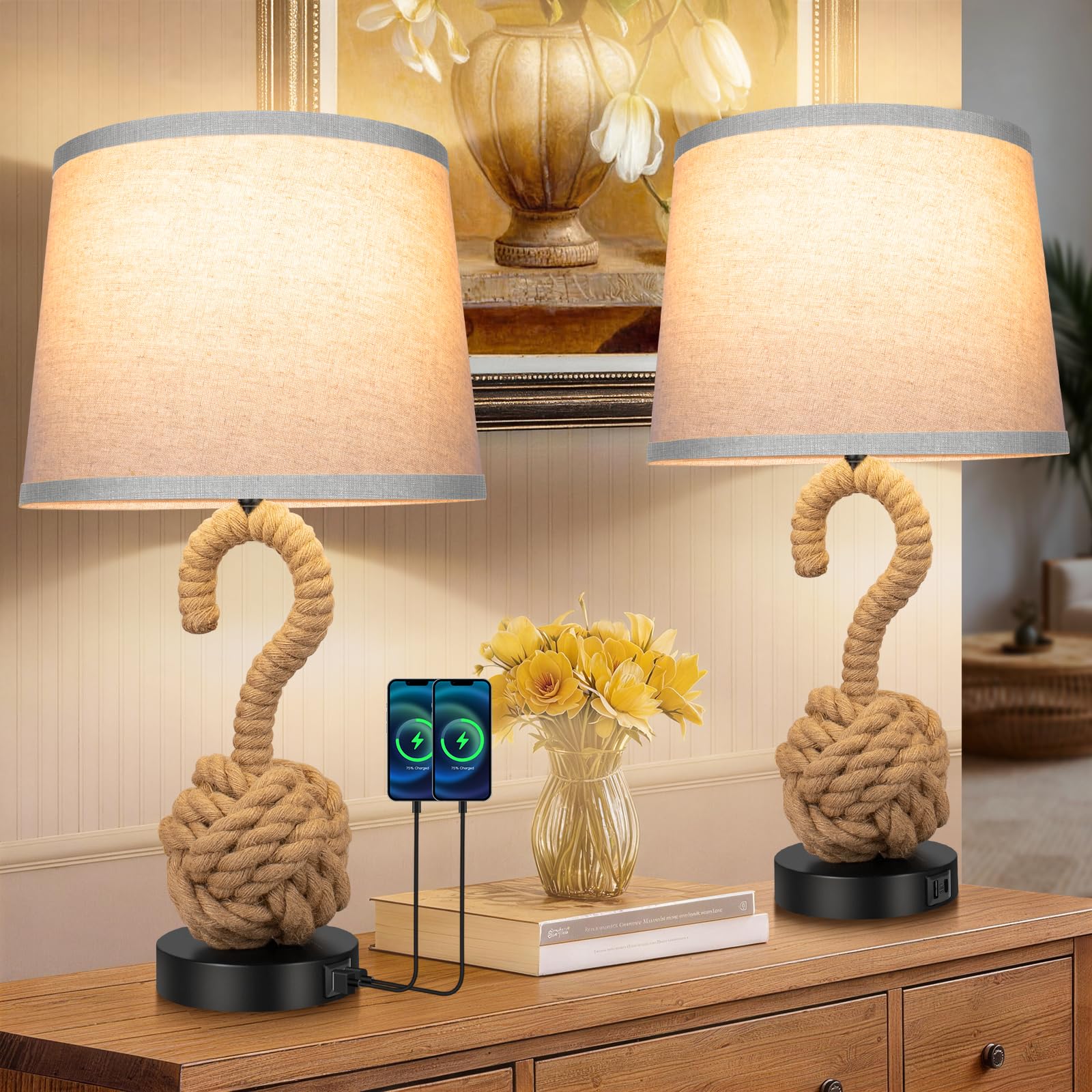22 Rope Lamp Set of 2, Boho Table lamps for Night Stands, 3-Color Temperatures Rattan Lamp with Rotary Switch USB Ports, Boho La