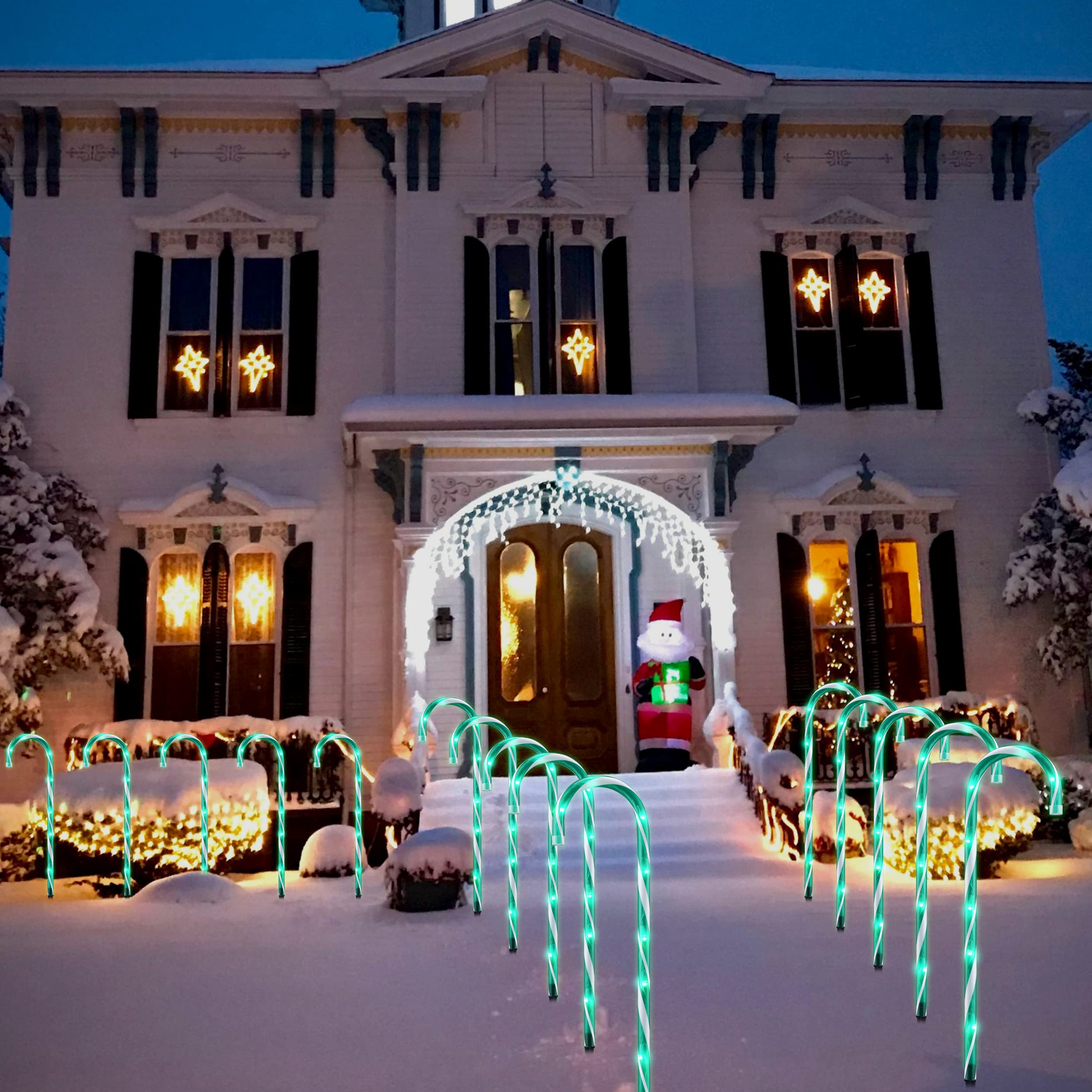 10'' Christmas Candy Cane Lights For Landscape Decoration, Pathway Makers Led Lights (Include Stakes) (Green, 26-10Pcs)