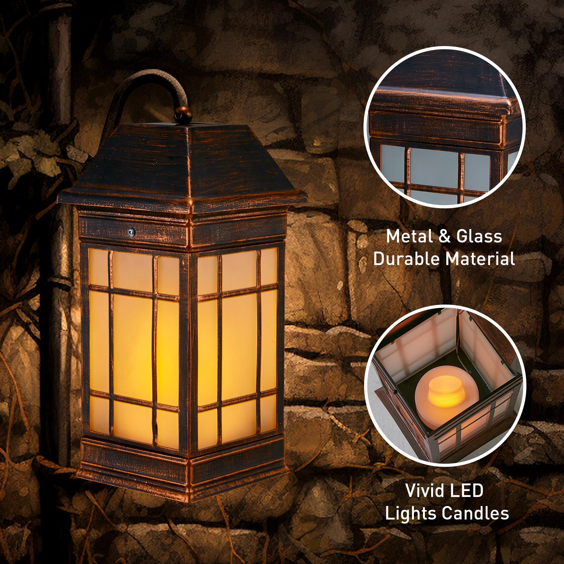 anyperfect 14 Solar Lantern Outdoor Waterproof, Glass Flickering Flame Solar Lanterns, Hanging Metal Lantern Decorative for Pati
