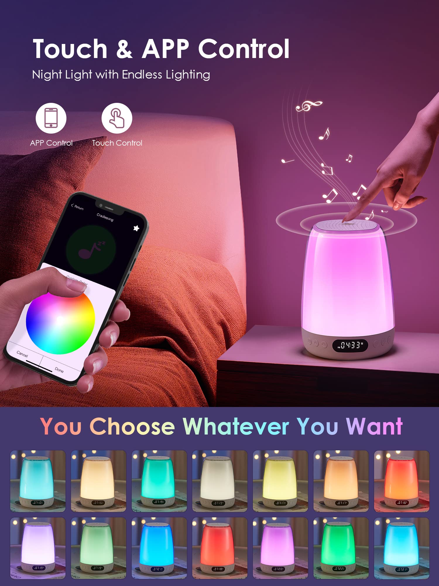 One Fire Sound Machine Night Light for Kids, Bluetooth, 14 White Noise, 48 RGB Colors, APP Size, White, Plastic