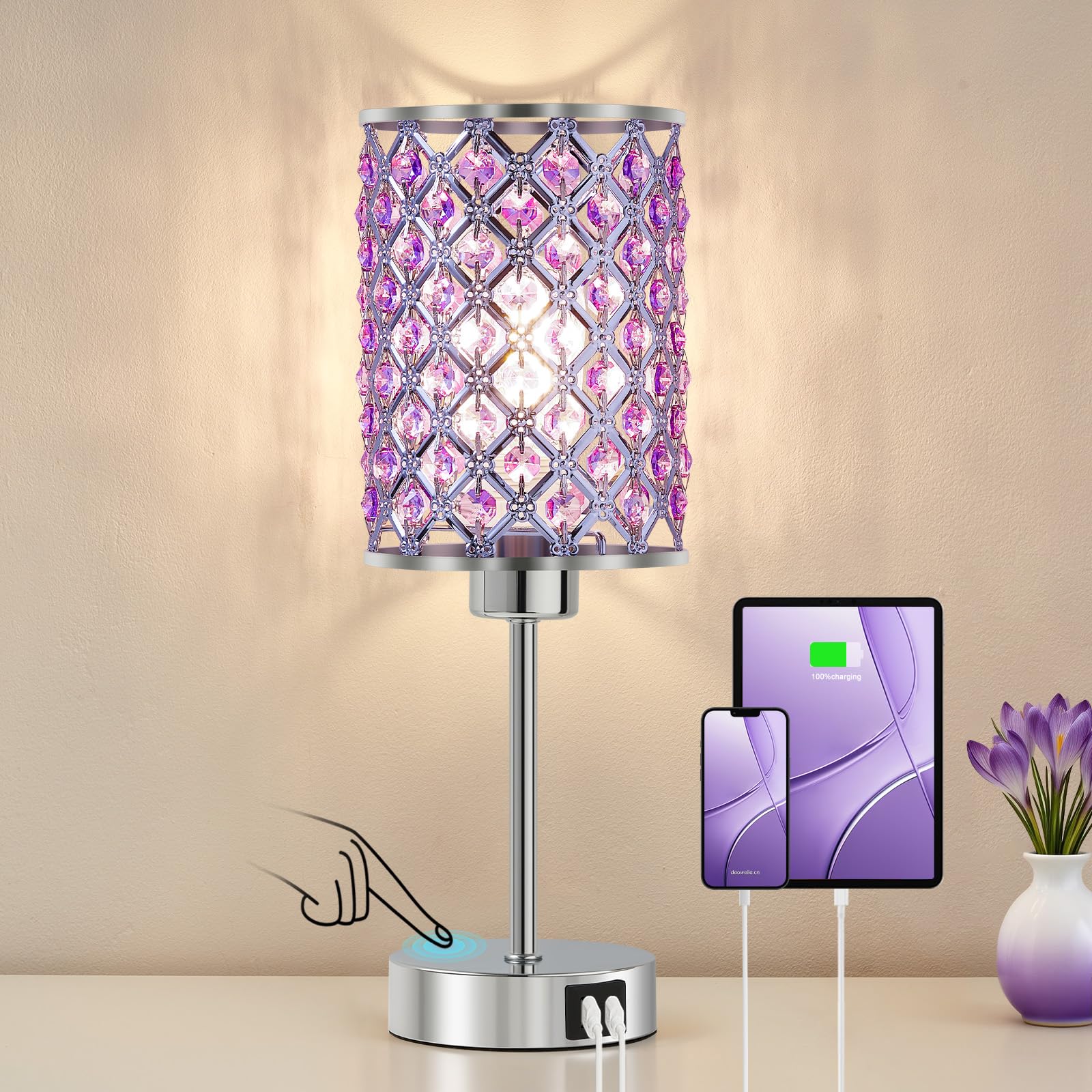 GyroVu Purple Crystal Table Lamp with USB C+A Ports  Dimmable Touch Control Bedside Lamp with LED Bulb  Small Night Light for Bedroom  Living Room  Girls Room  Office