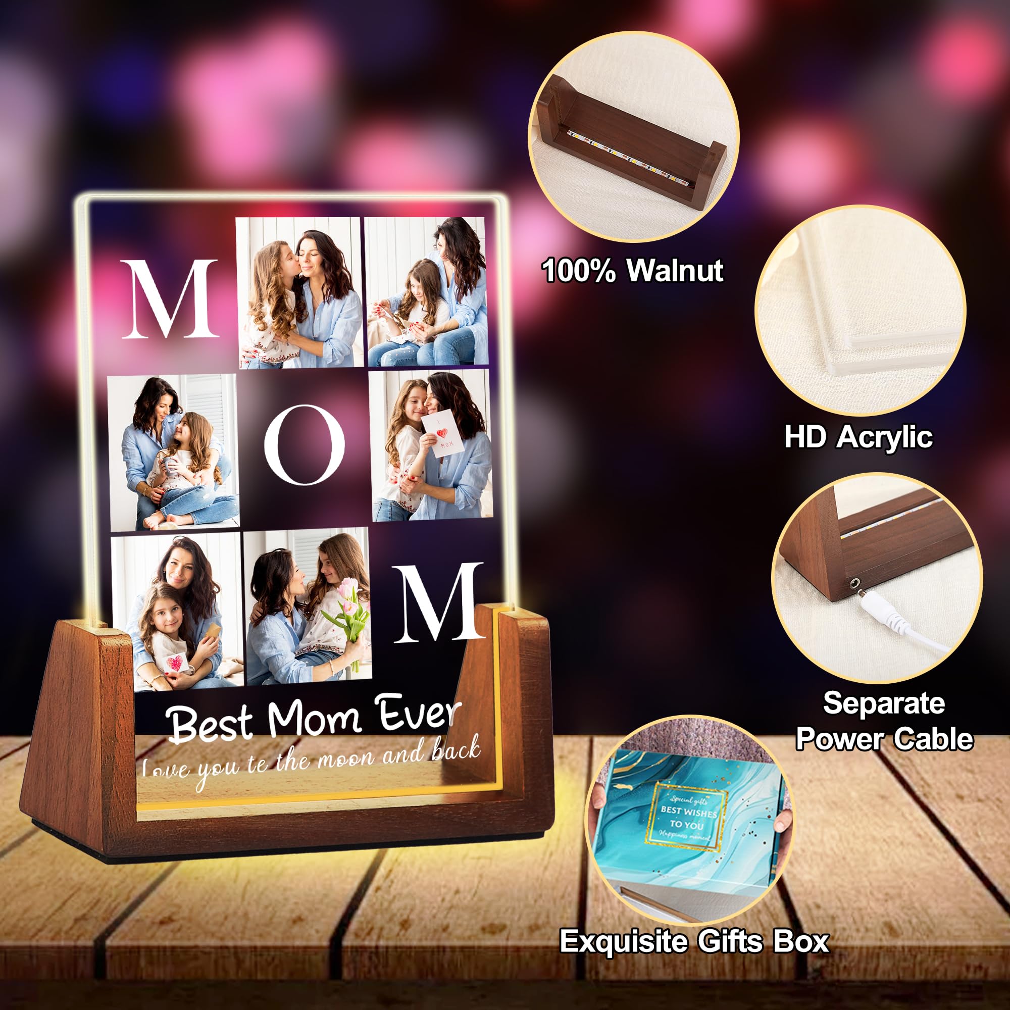 Maiwell Personalized Mothers Day Birthday Gifts For Mom From Daughter Son Husband  Custom Best Mom Ever Gifts Picture Frame Night Light With Photo Name  Customized Christmas Gift For Mama Wife Women