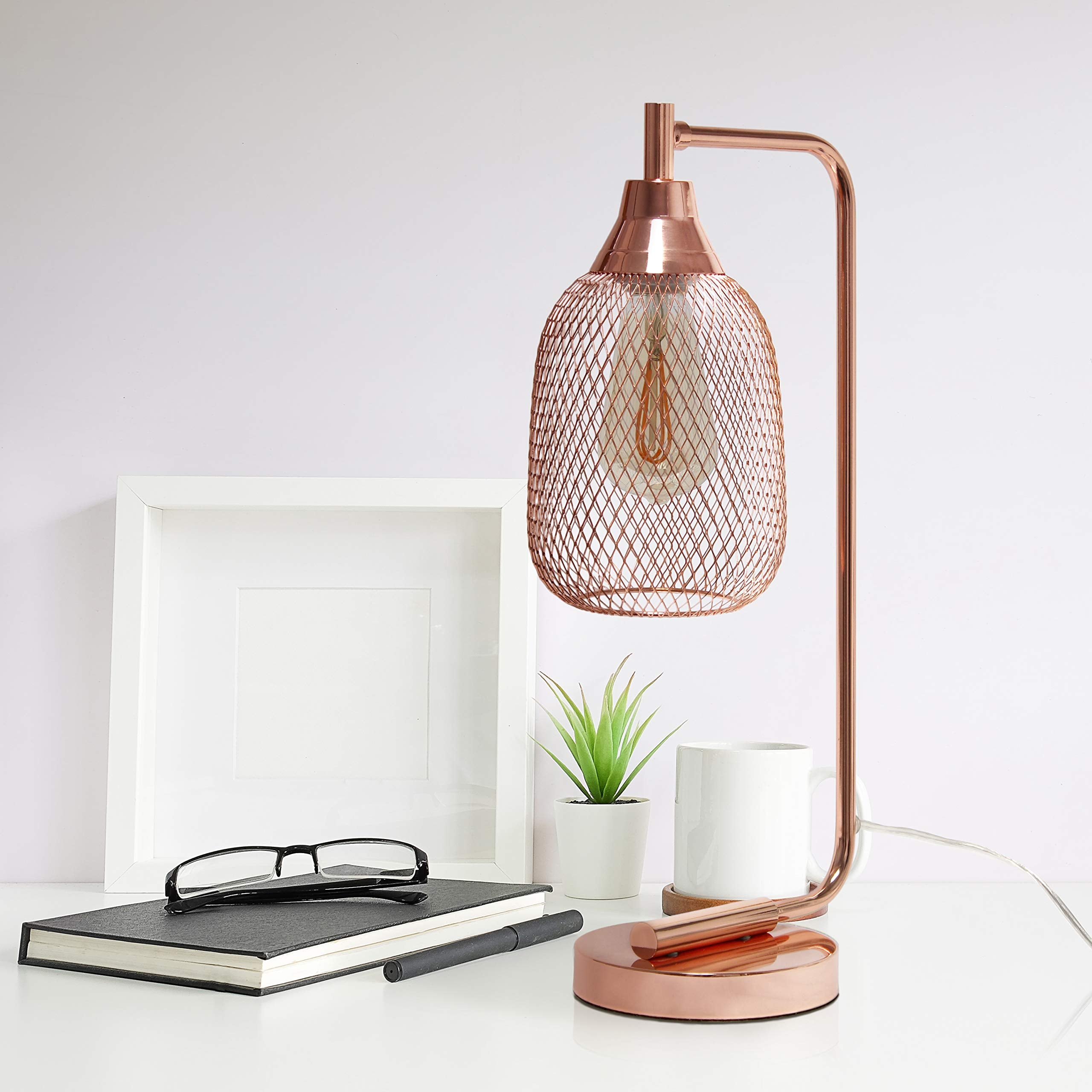 Simple Designs LD1060-RGD Table Desk Lamp, Iron, Mesh Wire, Rose Gold