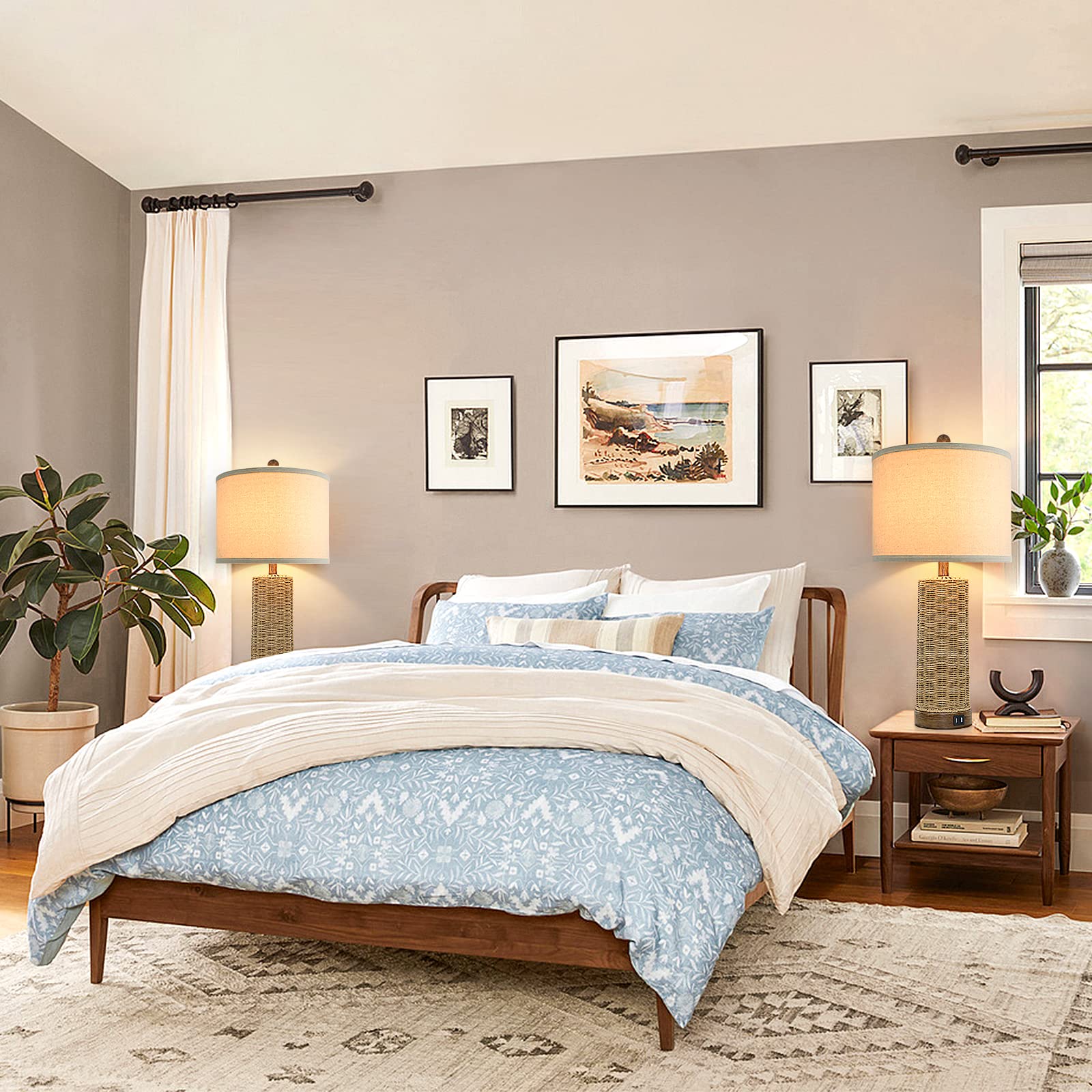 Beslowe Coastal Table Lamps Set Of 2 With Usb Ports, Rattan Nightstand Lights For Bedroom