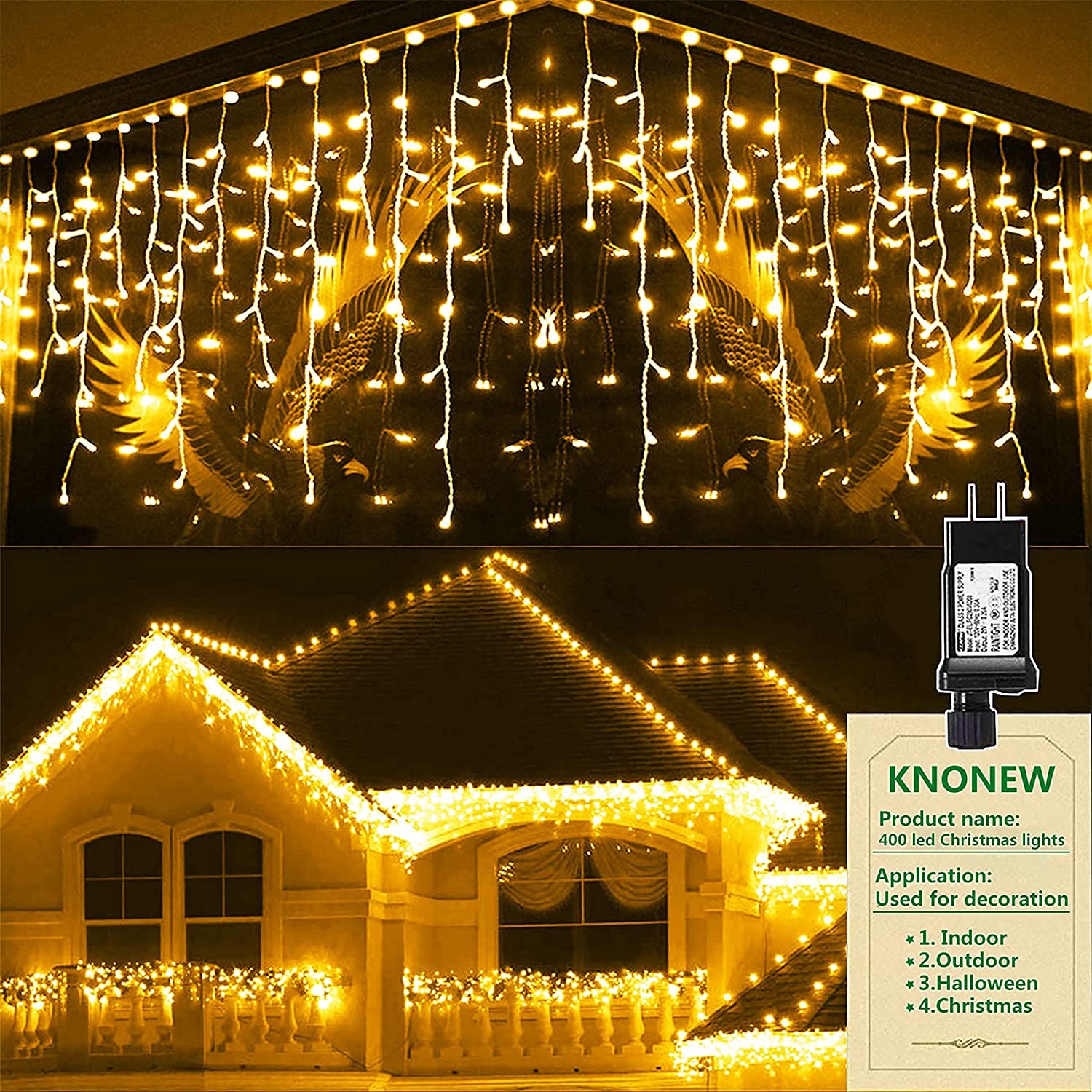 KNONEW Outdoor Decorative String Lights 400 LED 33FT Warm White Curtain Fairy Lights with 8 Modes for Christmas Weddings