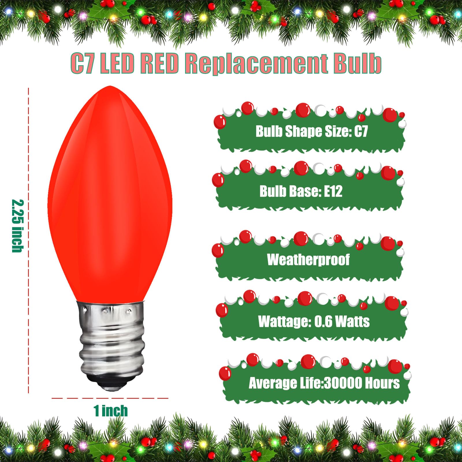 25 Pack C7 Led Red Light Bulbs, 0.6W Led Replacement Bulbs For Outdoor Christmas String Lights, C7/E12 Candelabra Base Candles B