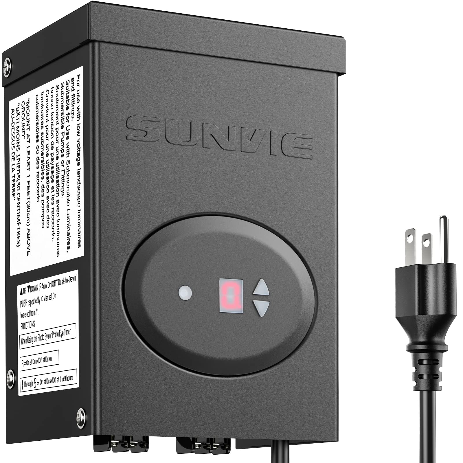 SUNVIE 120W Low Voltage Landscape Lighting Transformer, ETL Listed, Waterproof, with Timer & Photocell Sensor, Black, Model TLA-120-12W