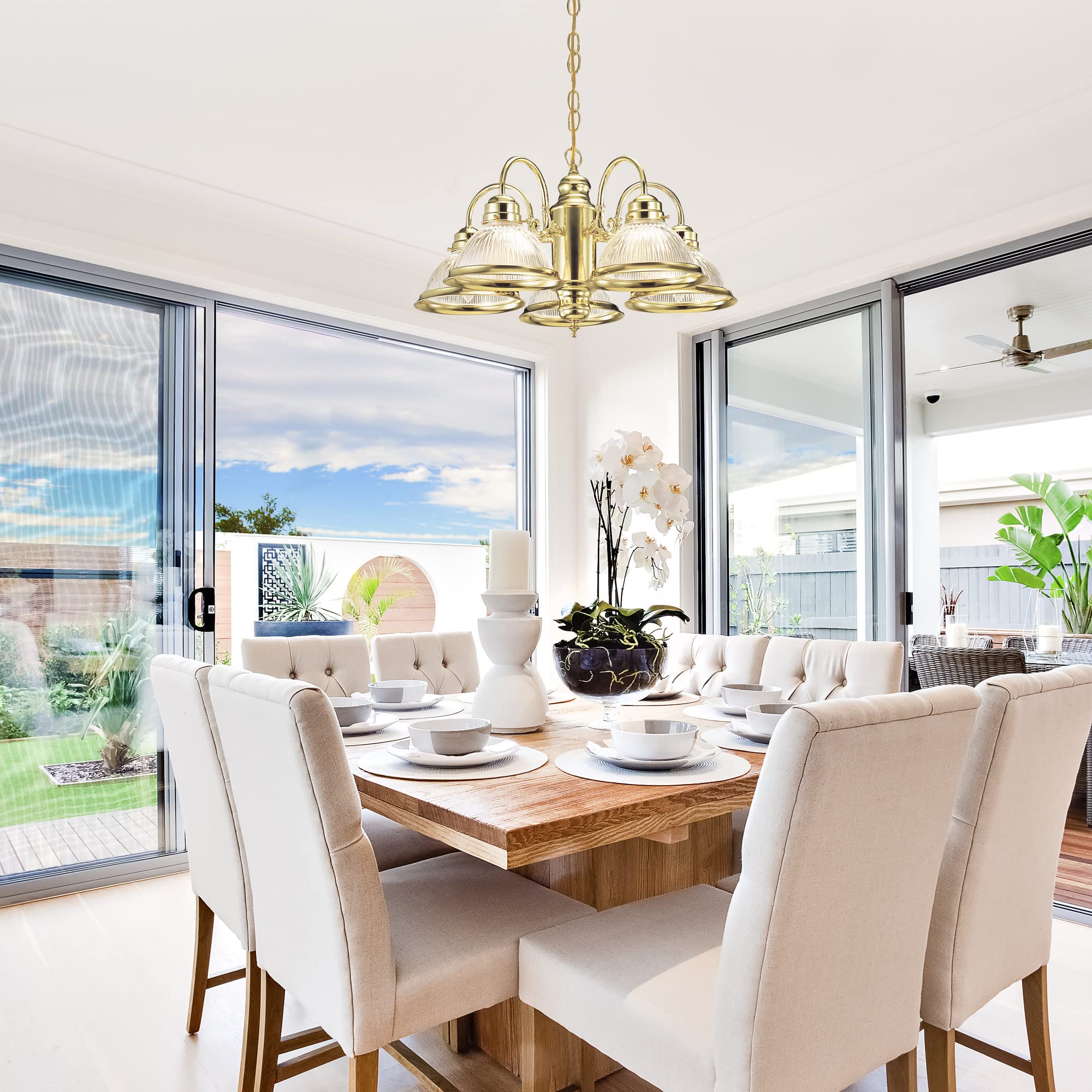 Design House 500546 Millbridge Traditional Indoor Dimmable Chandelier With Clear Ribbed Glass Shades For Entryway Foyer Dining Room, Polished Brass, 5-Light