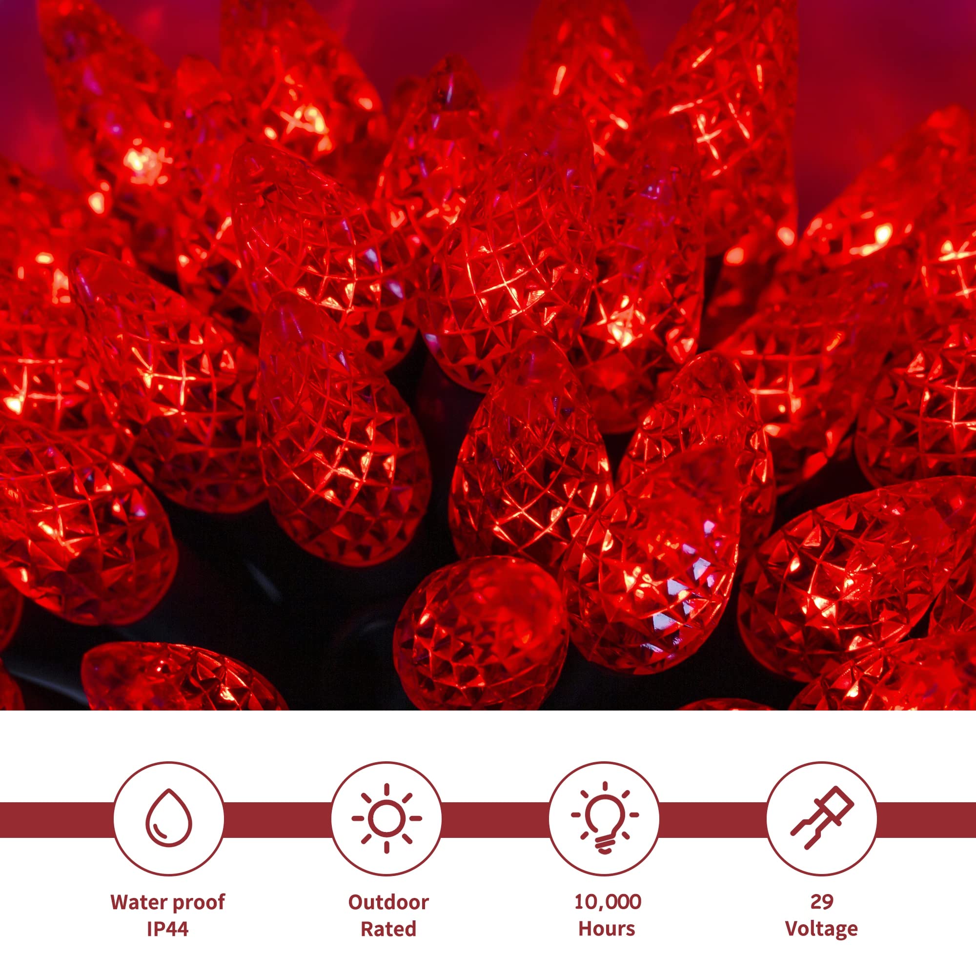 WATERGLIDE C6 Christmas Lights, 33ft 100 LED Faceted String Lights Green Wire Valentines Fairy Lights with 29V Adaptor, 8 Lighti