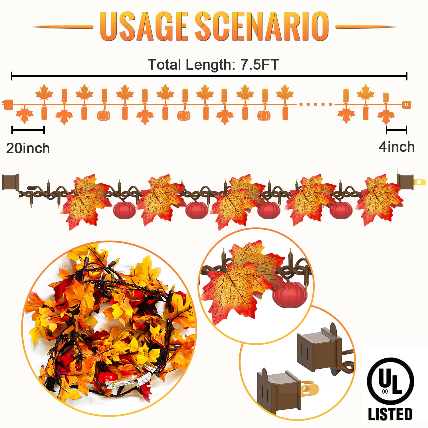 Joascher Thanksgiving Decorations Fall Maple Leaf String Lights Plug In, 8Ft Fall Leaves Garland With 35 Bulbs,Lighted Fall Garland Lights String