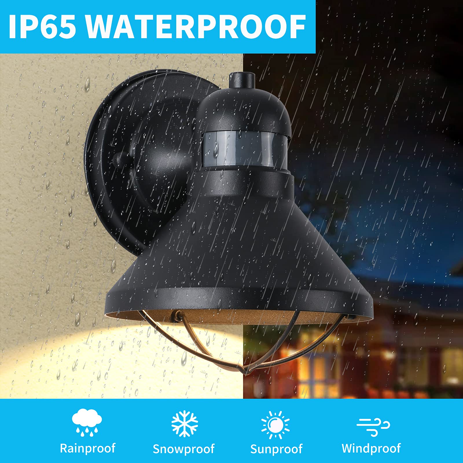LONEDRUID Motion Sensor Outdoor LED Wall Light, Black Metal Sconce, Dusk to Dawn, 1 Pack for Garage, Patio, Balcony