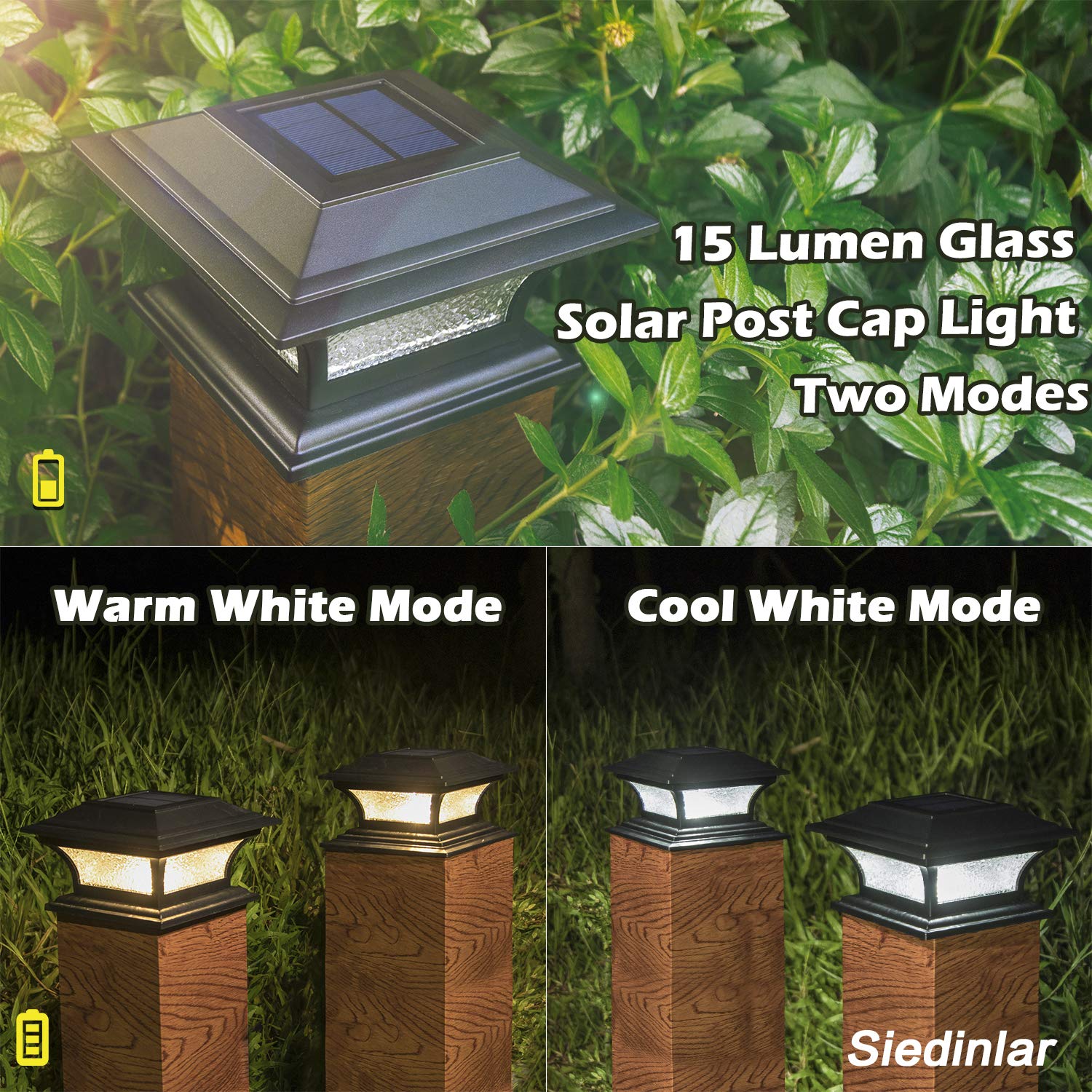 Siedinlar Solar Post Lights Outdoor Glass Led Fence Cap Light 2 Modes For 4X4 5X5 6X6 Posts Deck Patio Garden Decoration Warm Wh