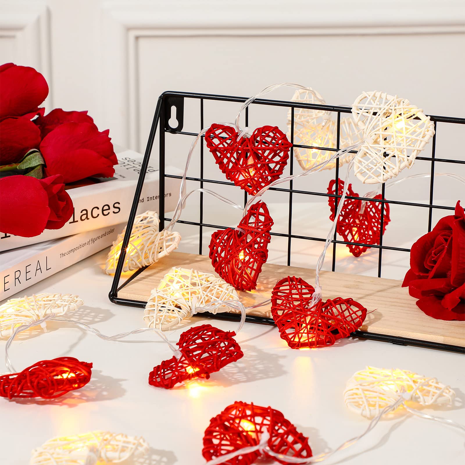 Mudder 10 Feet 20 Valentine'S Day Heart String Lights Heart Shaped Leds Garland Lights Valentines Day Decorations Rattan Vintage Decor For Indoor Outdoor Bedroom Wedding Party(1 Piece)
