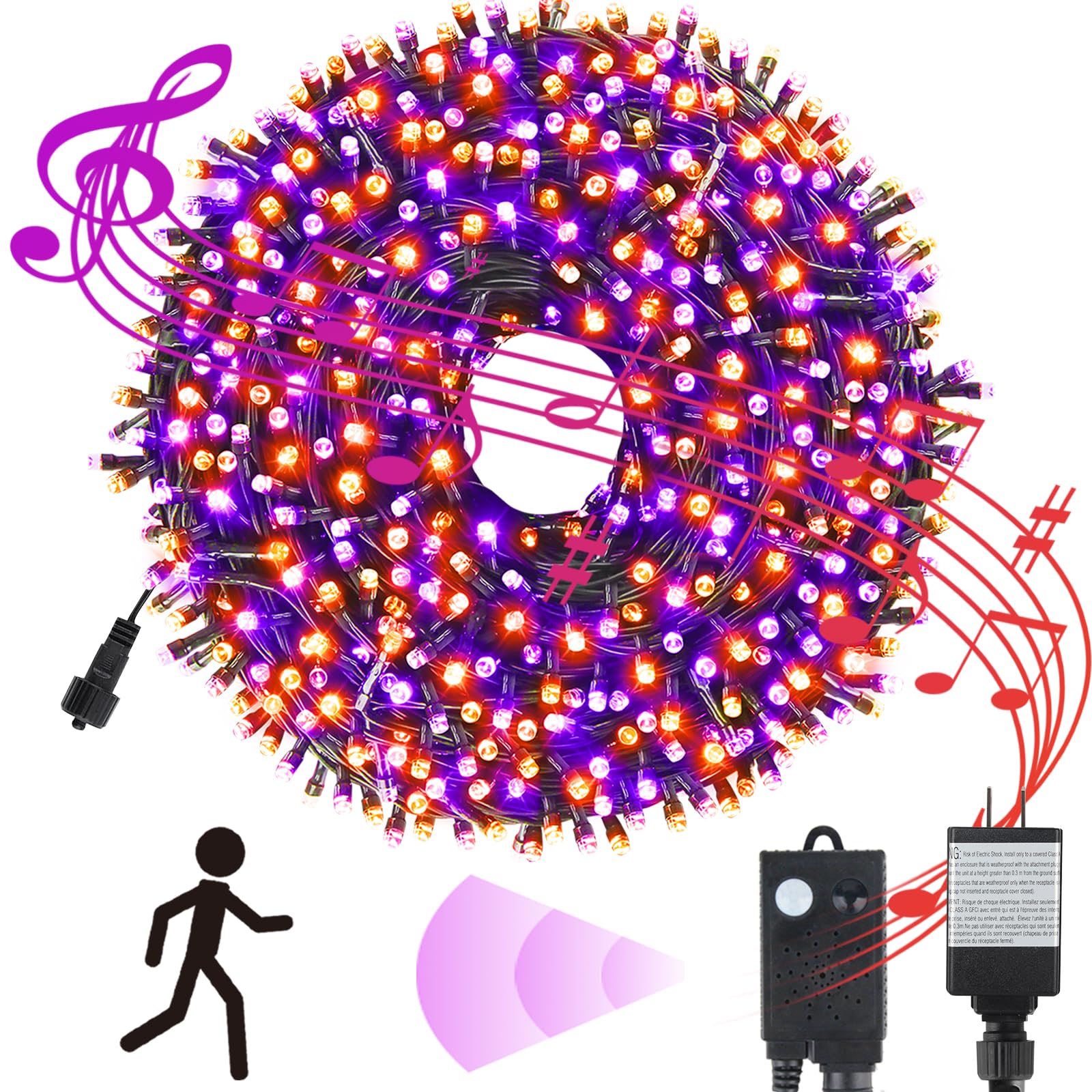 Tcamp 300 LED Christmas Lights, Purple & Orange, Motion Activated, 6 Modes, Model QL300AE, Connectable for Indoor/Outdoor Decor