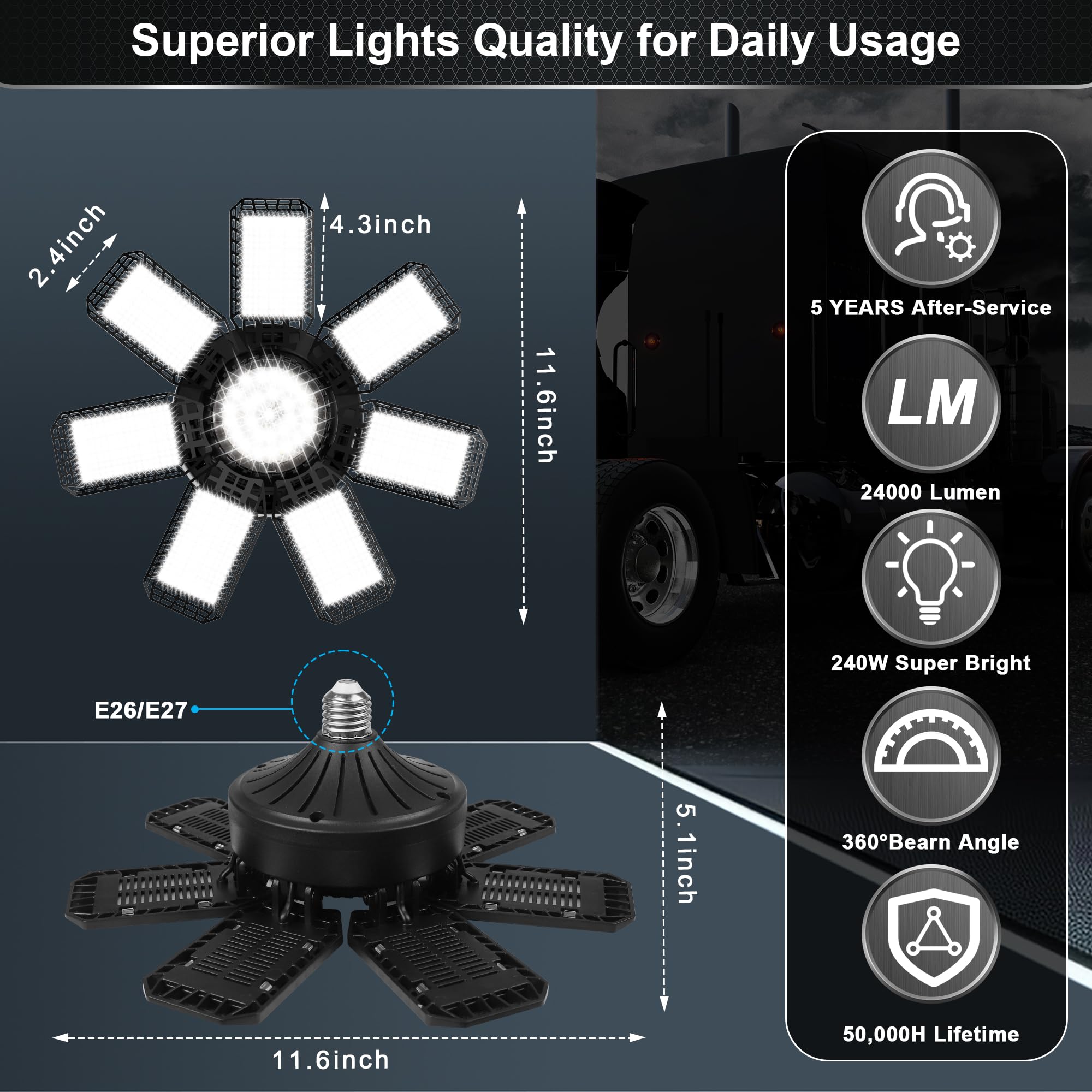 AUDLES 2 Pack LED Garage Light 240W 24000LM 6500K E26/E27 Deformable Panels White