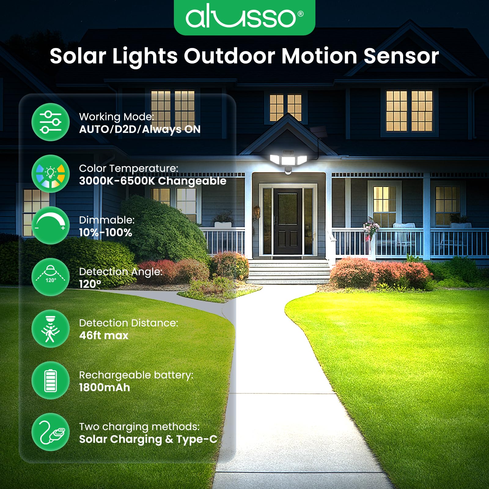 ALUSSO Solar Lights Outdoor, 3 Heads Motion Sensor, Dimmable 3000-6500K, IP54 Waterproof, Remote Control, Black, Model OT05
