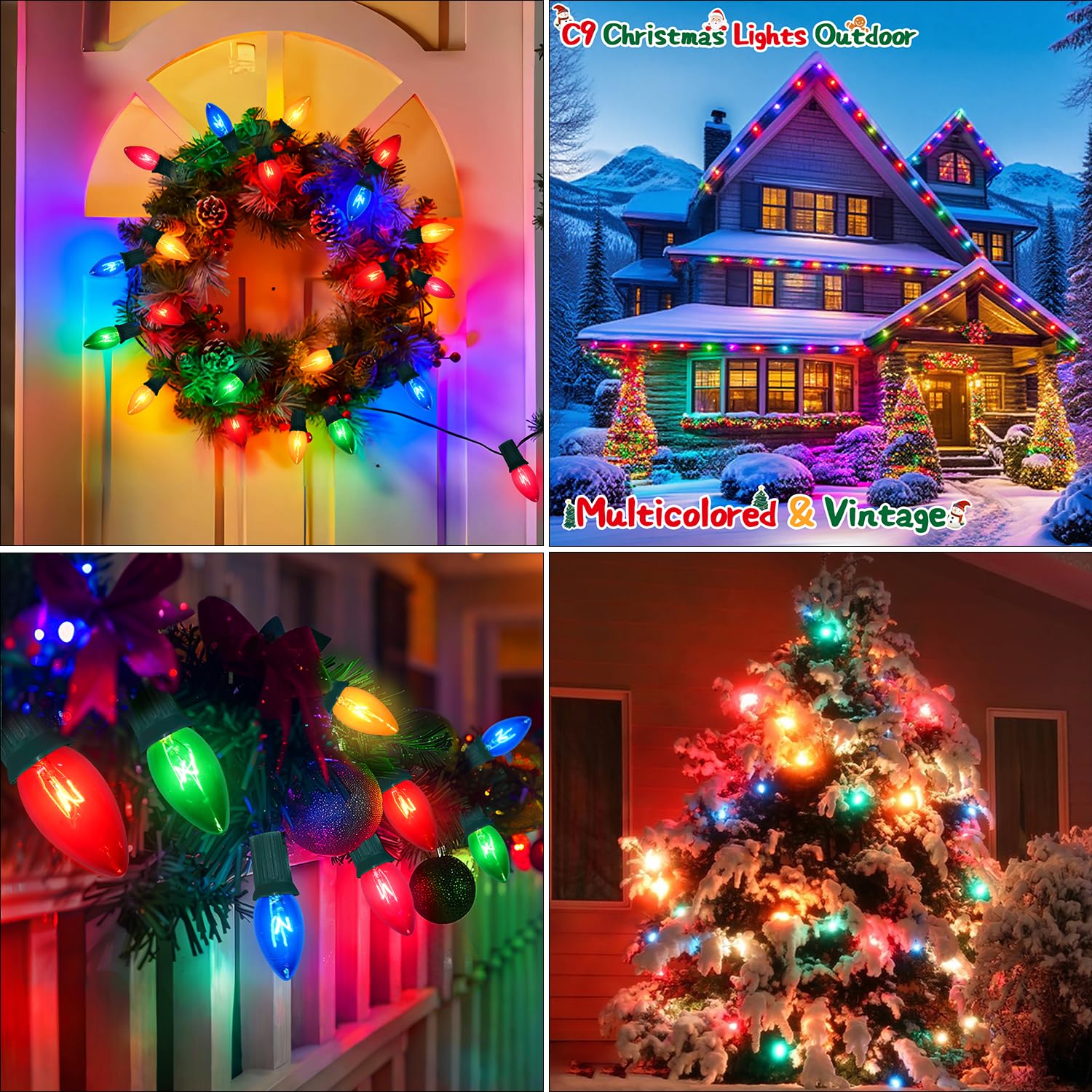 50Ft C9 Christmas Lights Outdoor Vintage Multi-Colored Christmas Lights 50 Count + 5 Spare Bulbs  Old Fashioned Colored C9 String Lights For Outdoor Holiday Xmas Trees House Roof Porch Yard Decor  7W
