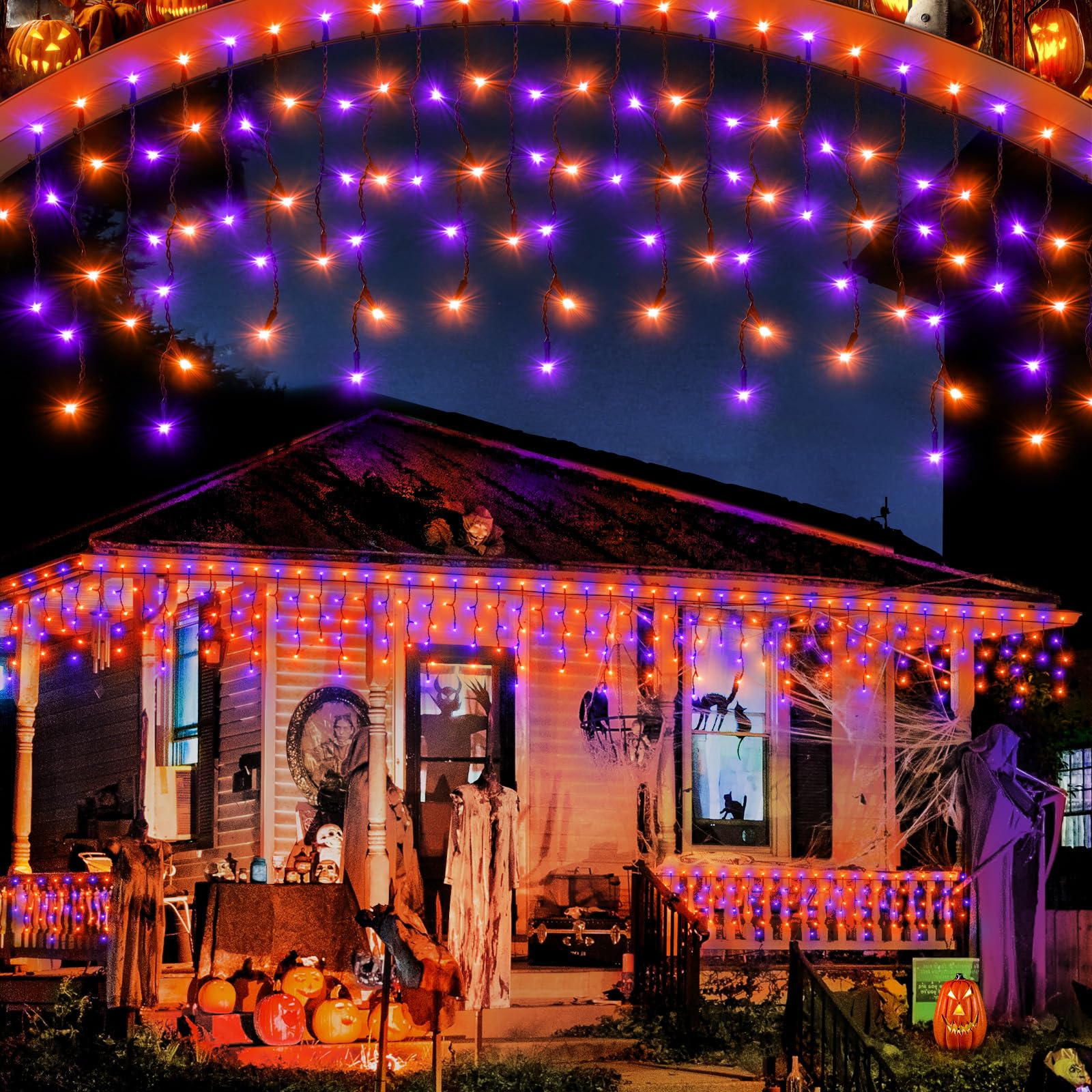 Jixxulvu Outdoor Halloween Lights  Waterproof 53Ft 486 Led Hanging String Lights With 108 Drops  8 Modes Timer  Connectable Plug-In Outside Lights For Party Eaves Yard Decorations  Purple And Orange