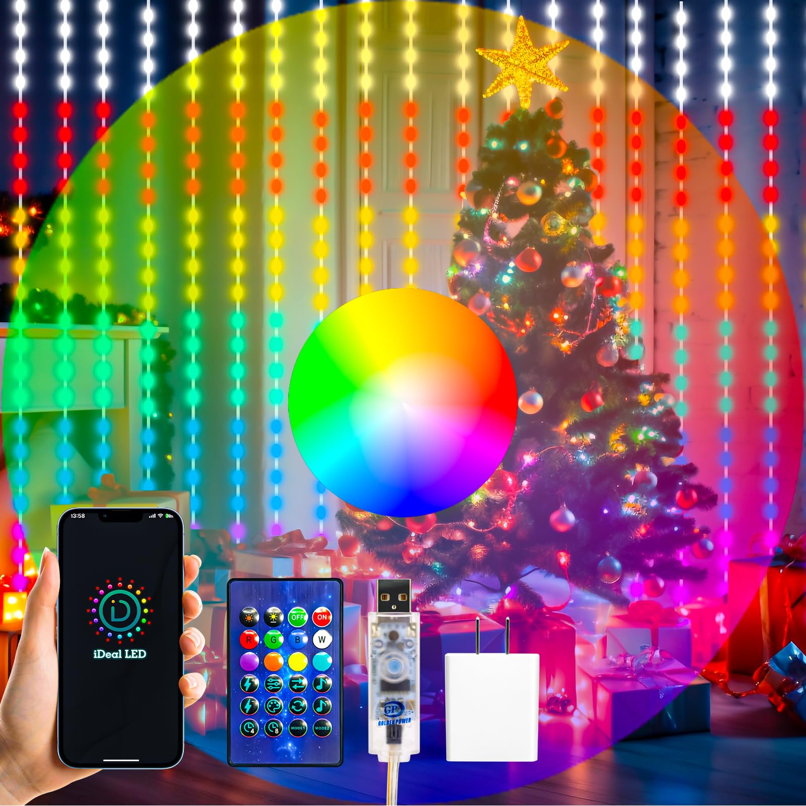 HXWEIYE Curtain Lights - 300LED RGB Color Changing, Remote & APP Control, USB, Silver Copper Wire, Model HY100150