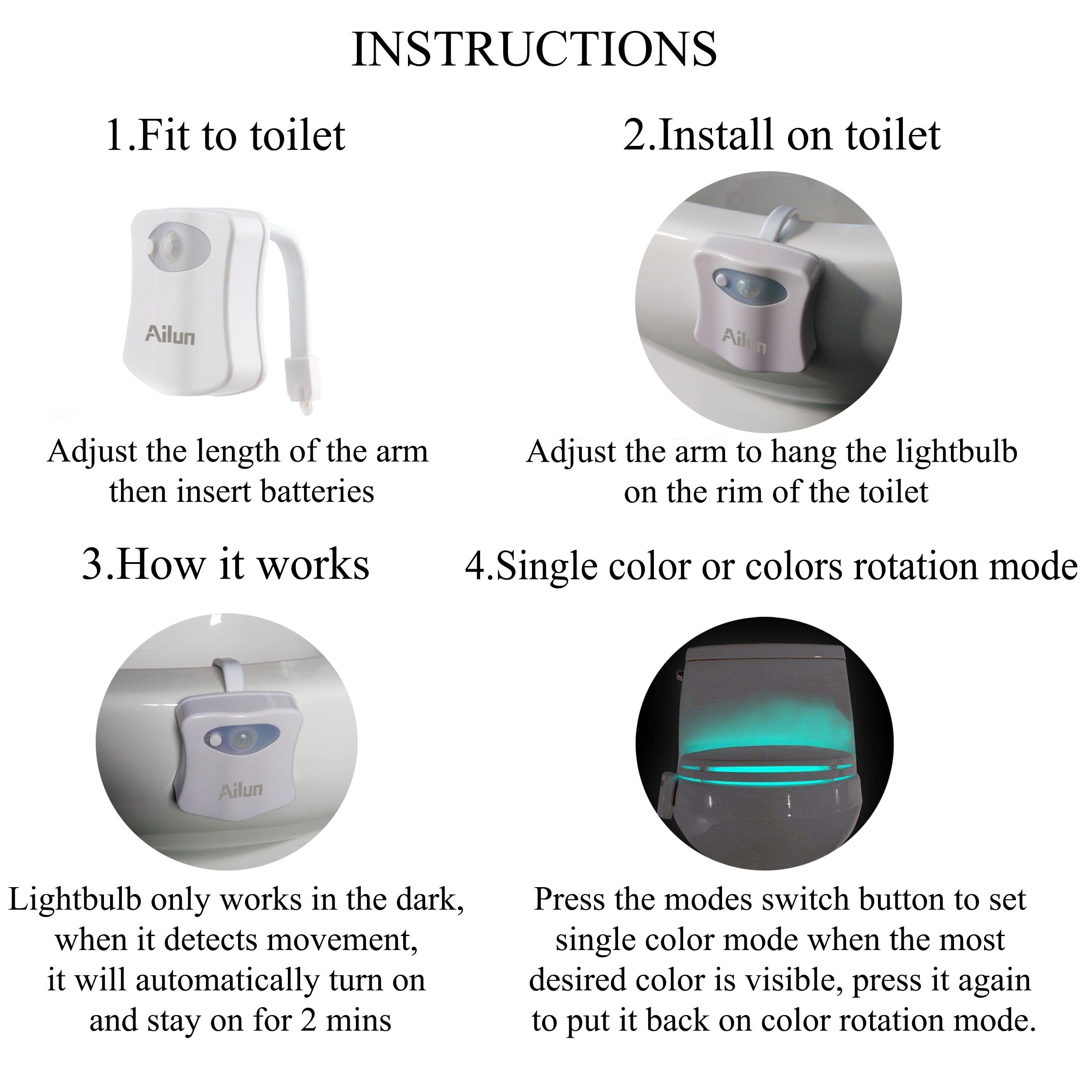 Ailun Toilet Night Light, Motion Activated LED, 16 Color Changing, Plastic, White, Model ToiletNightLight 16Colors, 2 Pack