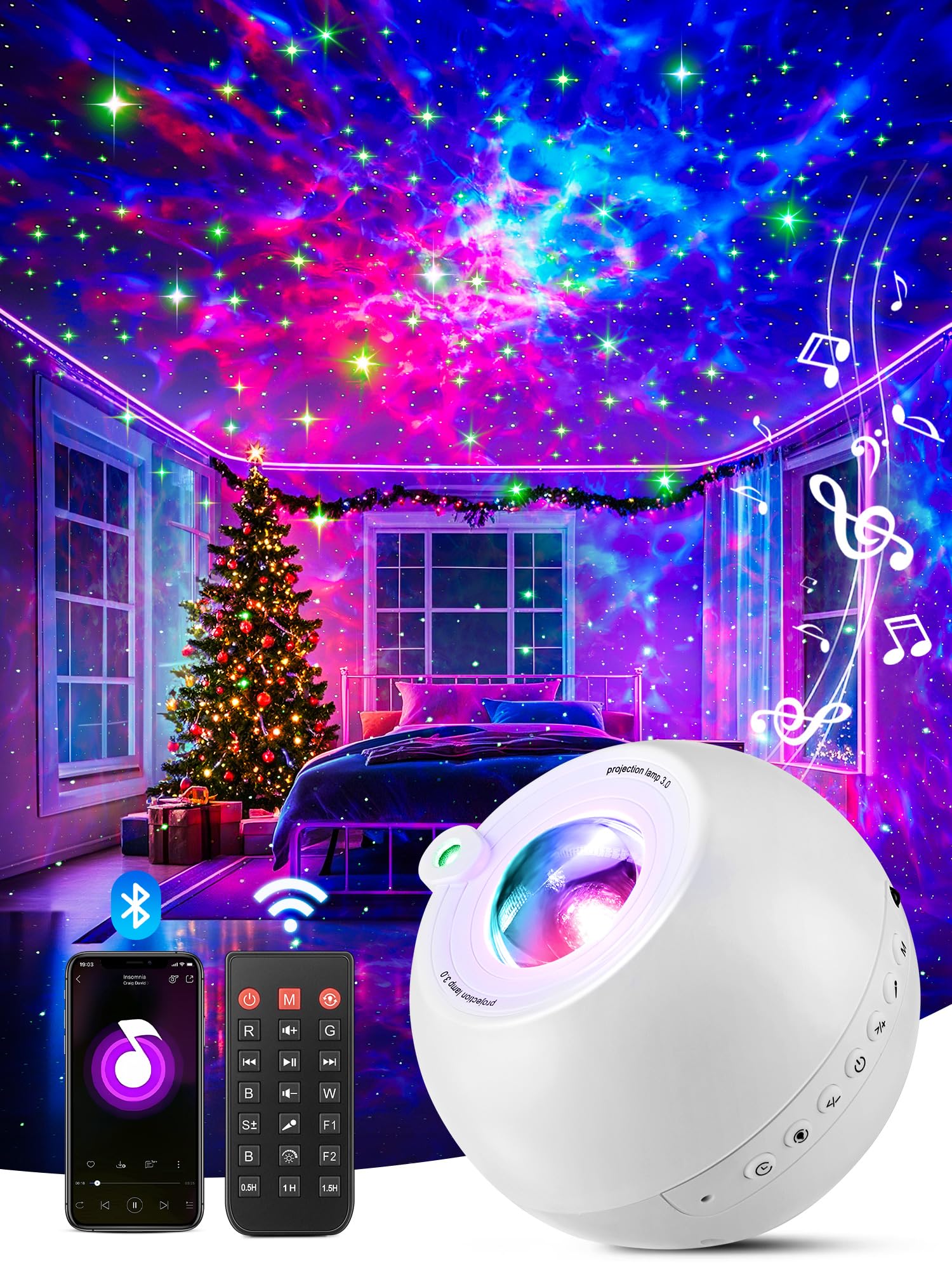 Star Projector Galaxy Light, 15 Colors+15 White Noises Galaxy Projector for Bedroom Adults Ceiling Projector Kids, Bluetooth Sta