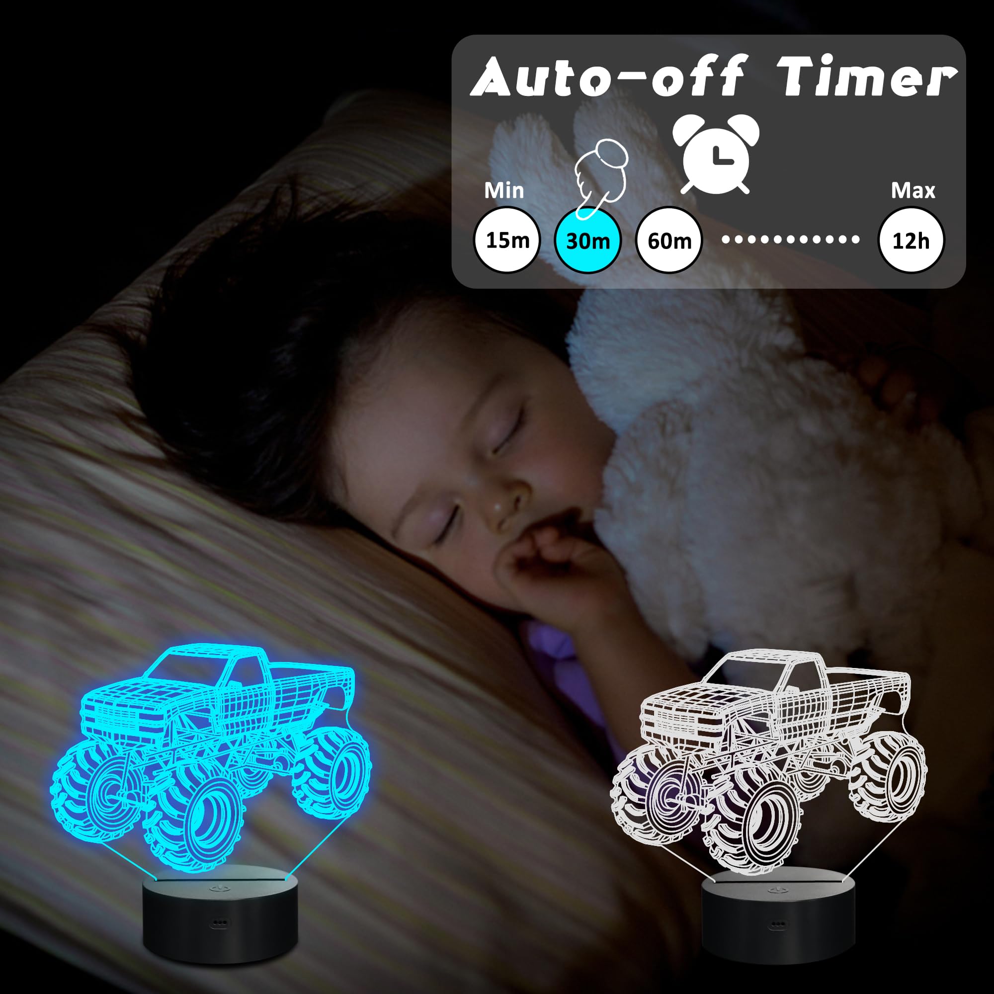 CoolGift Mart Monster Trucks Night Light for Boys, 3D LED Optical Illusion Lamp with Remote Control and Timer, Perfect Christmas