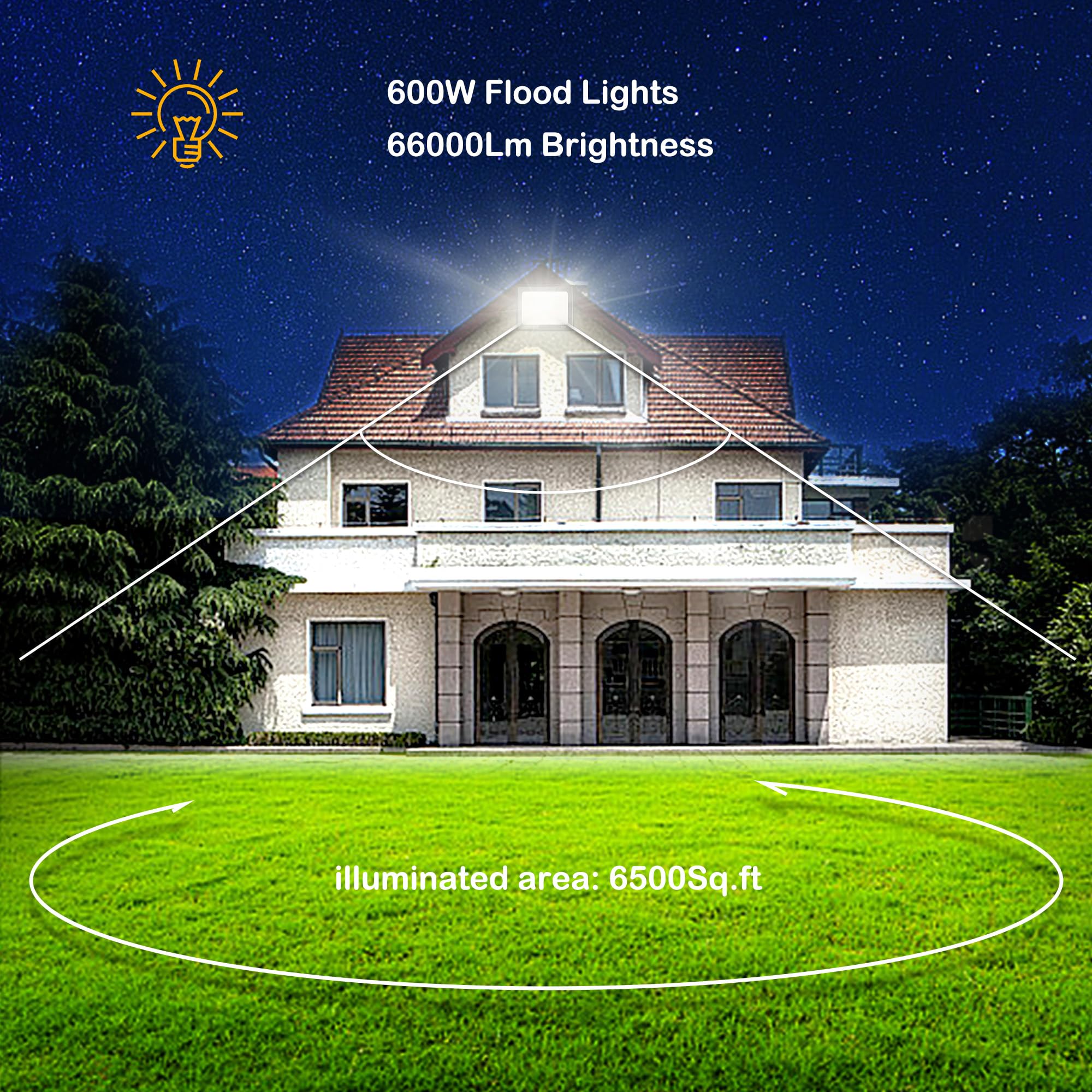 2 Pack 600W Led Flood Lights Outdoor (3000W Equivalent)  66000Lm 6000K Daylight White Super Bright Security Arena Light With Plug  Ip66 Waterproof Commercial Lighting For Yard  Courts  Stadium