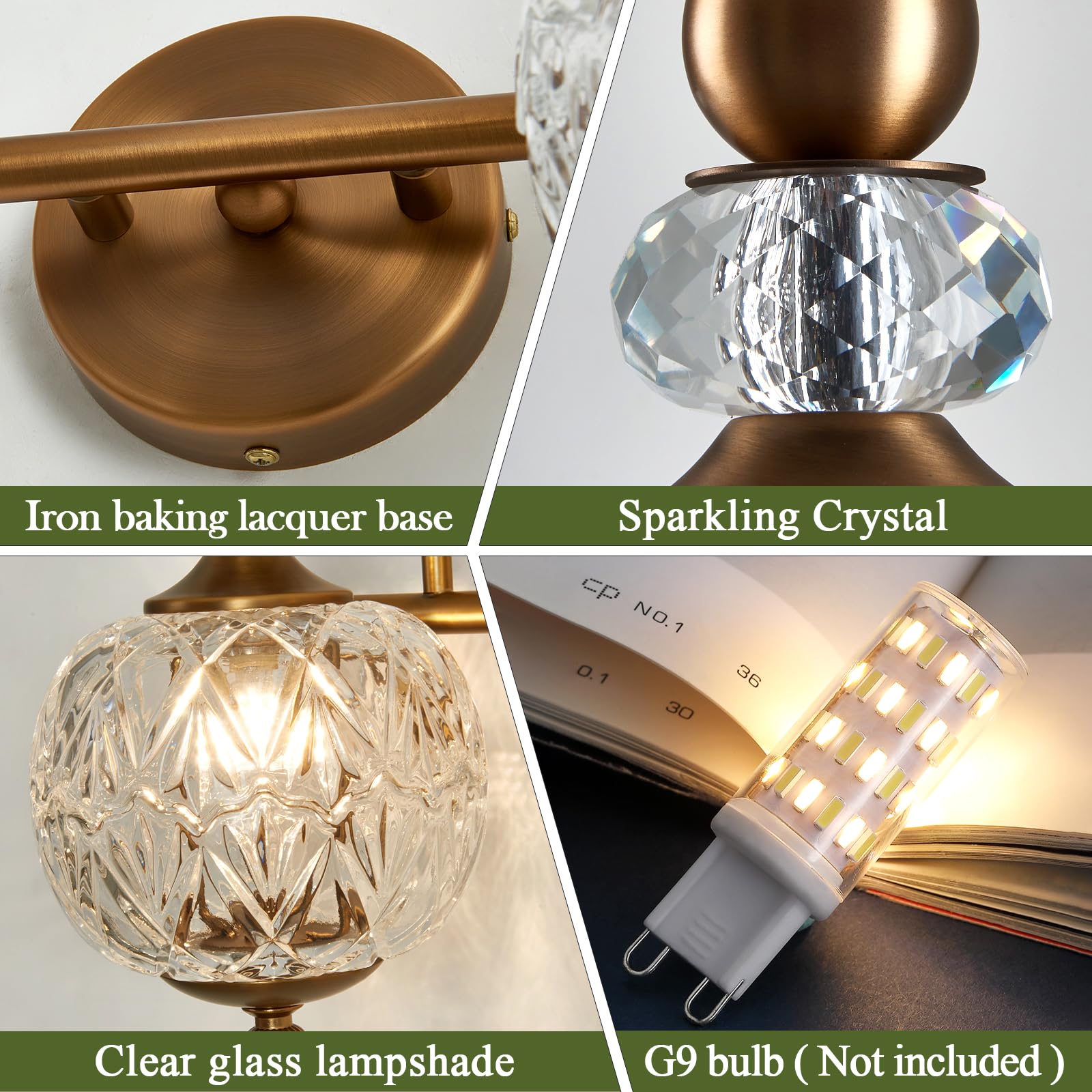 Piepooye Vintage Bathroom Light Fixture - Gold 2-Light G9 Wall Sconce with Glass Globe Shade for Bedroom, Hallway, or Vanity - Model R-3019