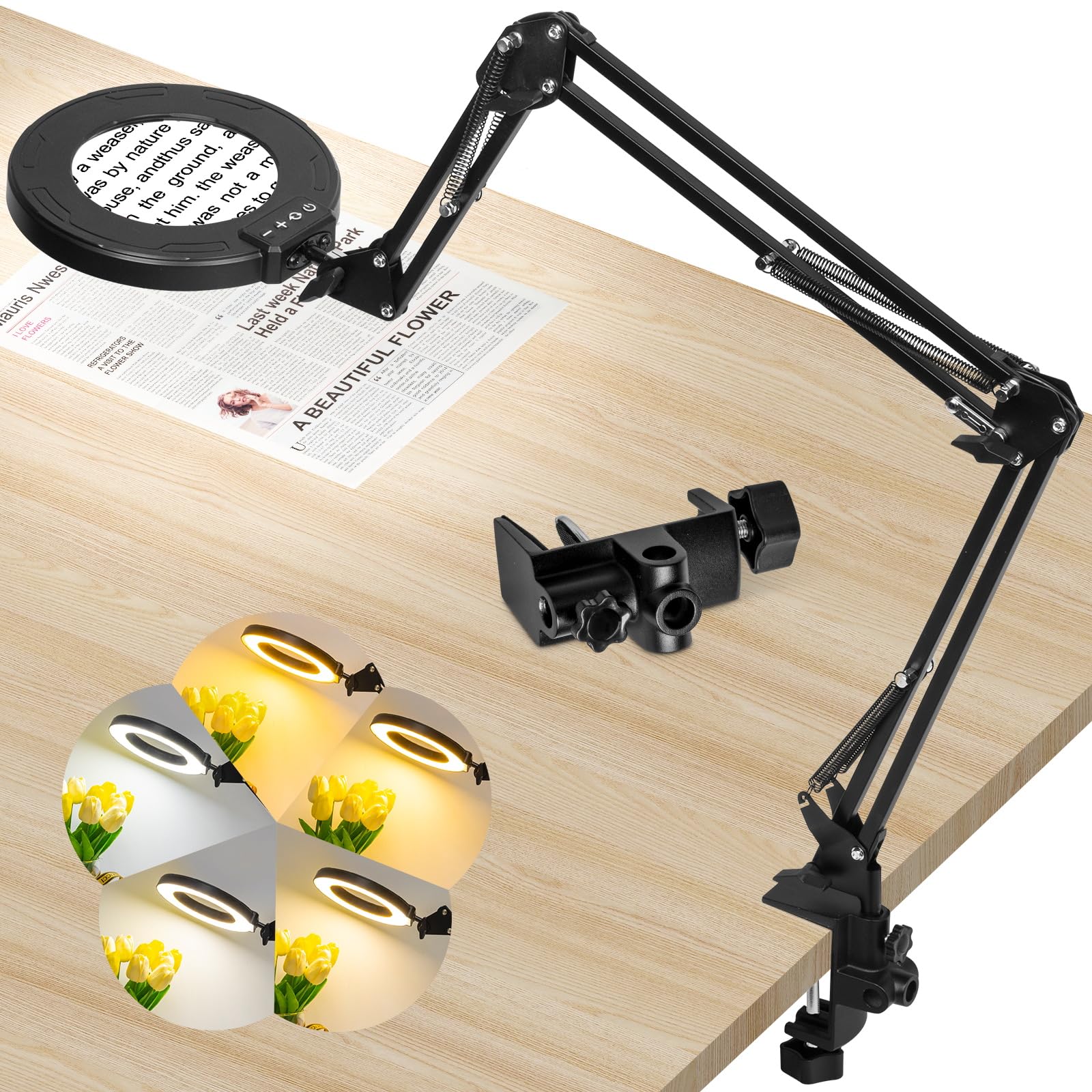 Hitti Ultra Long 12X Magnifying Glass With Light And Clamp, 5 Color Modes Steepless Dimming Desk Lamp, Swivel Arm Workbench Ligh