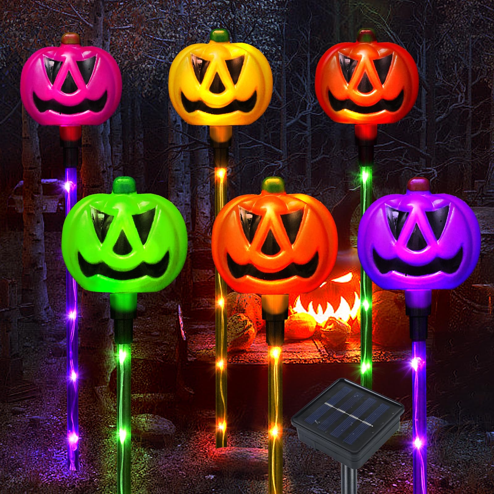 Fathisooc Set Of 6 Solar Pumpkin Pathway Lights For Halloween Decorations Outdoor, Color Changing Outdoor Halloween Lights, Light Up Jack O Lantern Pumpkins For Halloween Party Porch Yard Decorations