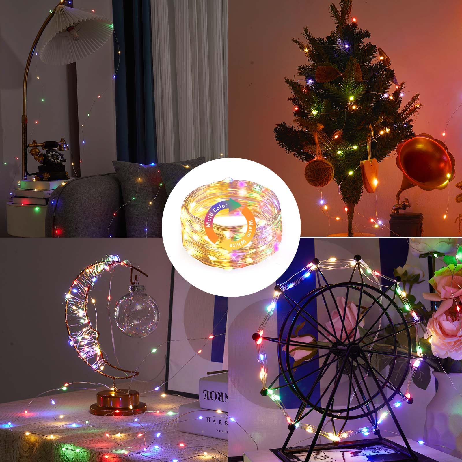 Ariceleo 50 Led Battery Operated String Lights, 5M Warm White & Multi-Color, Remote Control, Waterproof Silver Wire Fairy Lights
