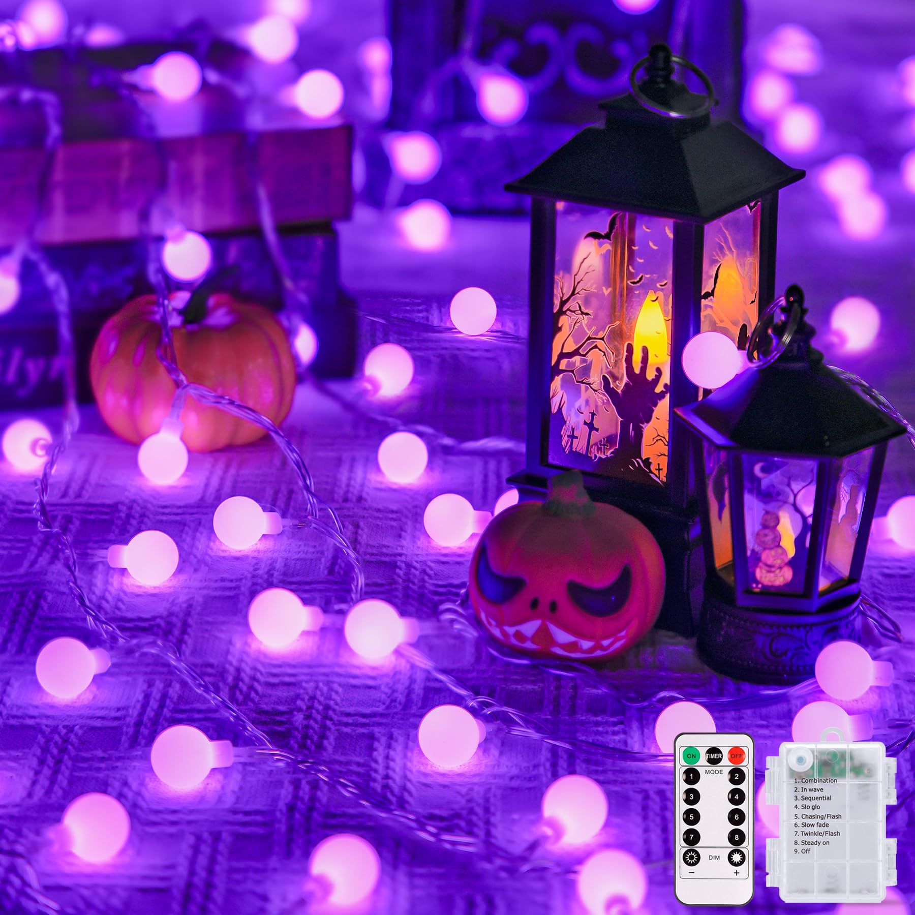 JMEXSUSS 100 LED Purple Globe String Lights Battery Operated, 33ft 8 Modes Indoor Christmas Lights with Remote, Battery Powered 