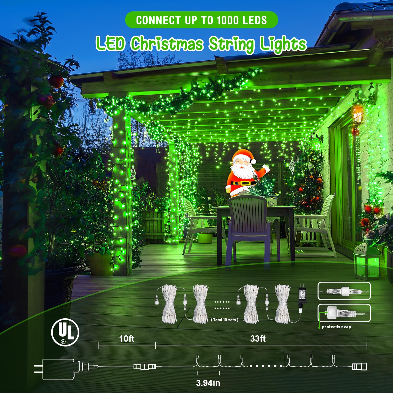 Jmexsuss 2 Pack 100 Led Green Christmas Lights, 33Ft Connectable Green String Lights Outdoor Waterproof, 8 Modes Christmas Tree Lights For Christmas Xmas Halloween Indoor Bedroom House Decorations