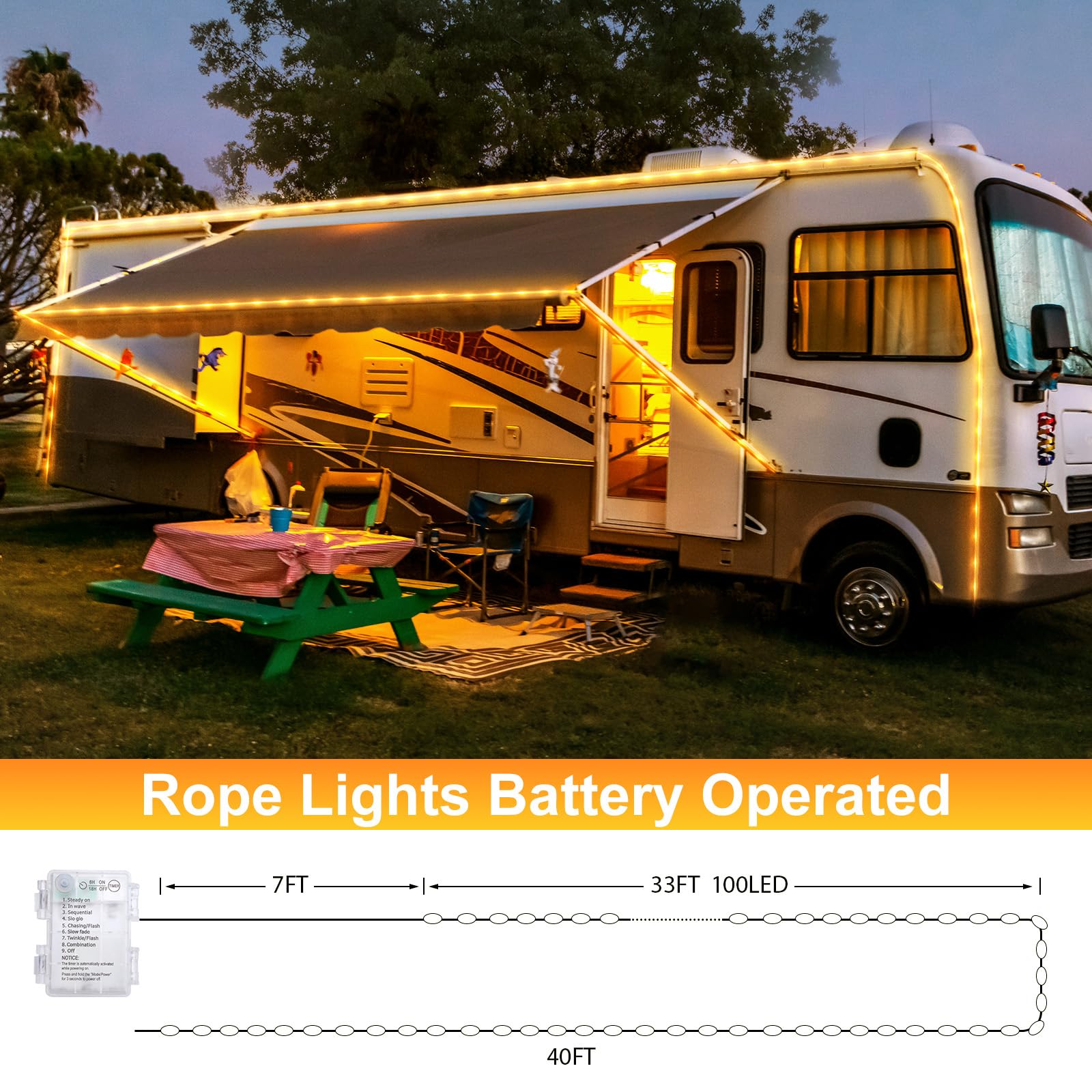 Minetom 2 Pack Battery Operated Christmas Lights Outdoor, Total 66Ft 200 Led Outdoor Rope Lights Battery Operated, Fairy Lights With Timer 8 Mode, String Lights For Outdoor Bedroom Indoor, Warm White