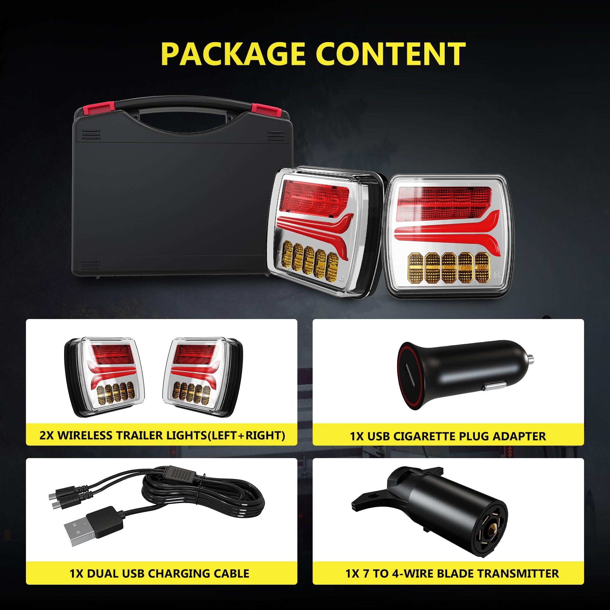 Ciascy 2PCS Rechargeable Magnetic LED Trailer Rear Lights Kit - 4pin 7pin Turn Brake Parking Indicator for Trucks, Trailers, RVs