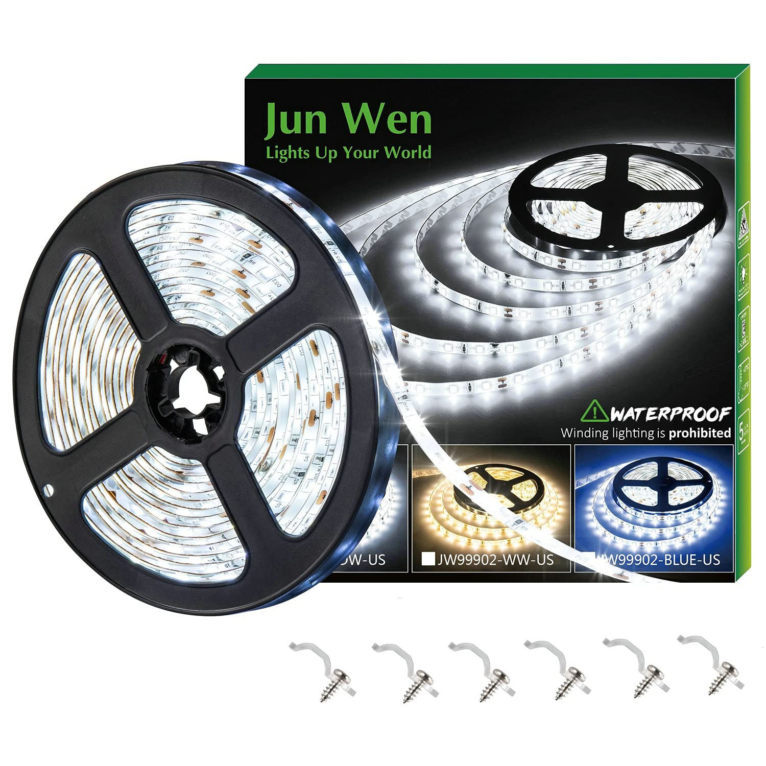 Junwen 16.4Ft White Led Strip Lights  12V Waterproof Led Strip Lights Flexible Light Strip Indoor For Bedroom  Kitchen  Bathroom(Not Included Power)