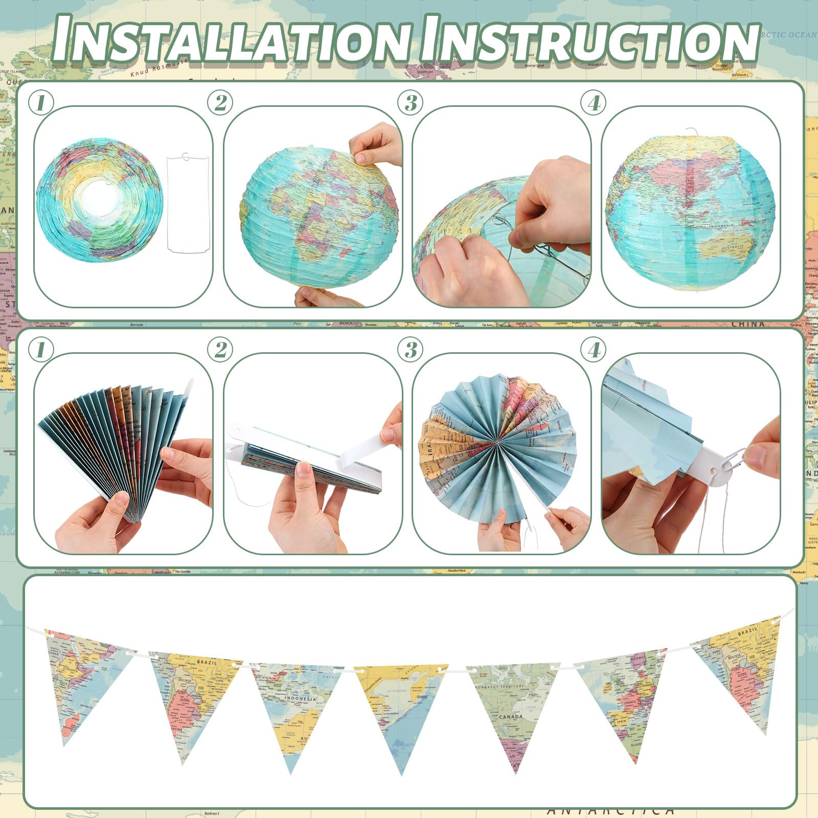 Tujoe 19 Pcs Map Classroom Decorations Travel Themed Party Decorations Globes Hanging Paper Lantern Fans Triangle Flags Banner For Home Earth Chinoiserie Theme Party(Green)