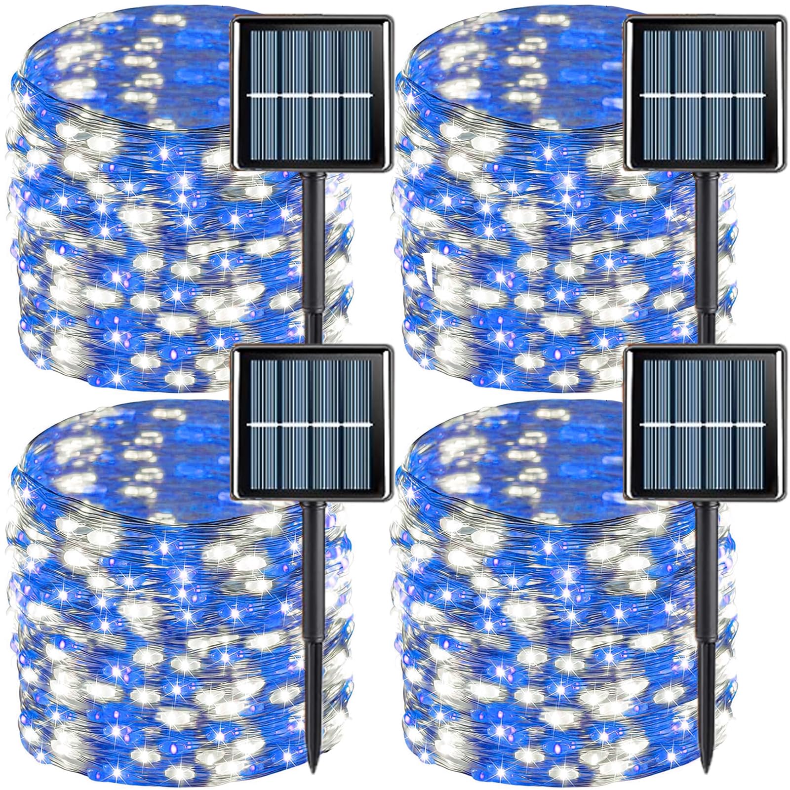 Qitong 4 Pack Solar String Lights, Each 33Ft 100 Led Blue And White Solar Fairy Lights, 8 Modes Silver Wire Solar Outdoor Lights