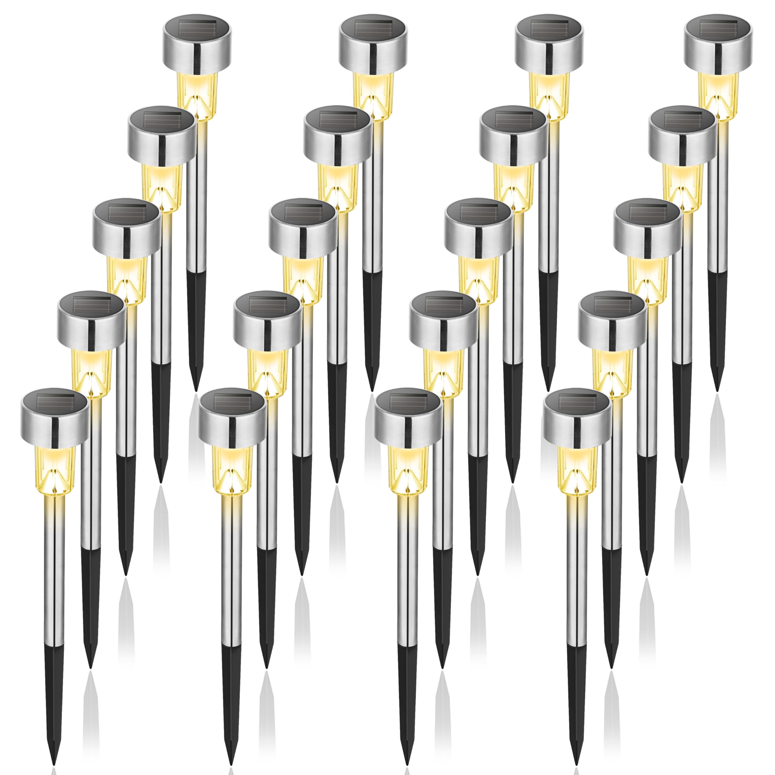 GIGALUMI Solar Pathway Lights, 20 Pack, Stainless Steel, IP44 Waterproof, Warm White, Model 9313